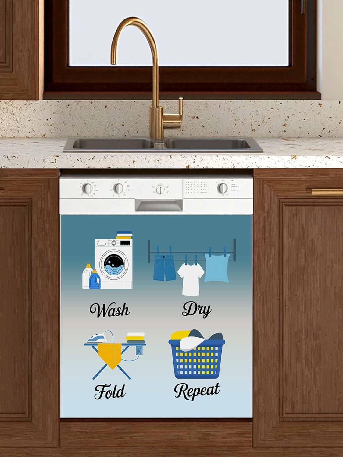 Blue Ombre Laundry Dishwasher Magnet Cover, Wash Dry Fold Repeat Refrigerator Magnets Covers for The Front Door, Reusable Dishwasher Panel Fridge Decal Cover for Home Appliance Decor 23''x26''