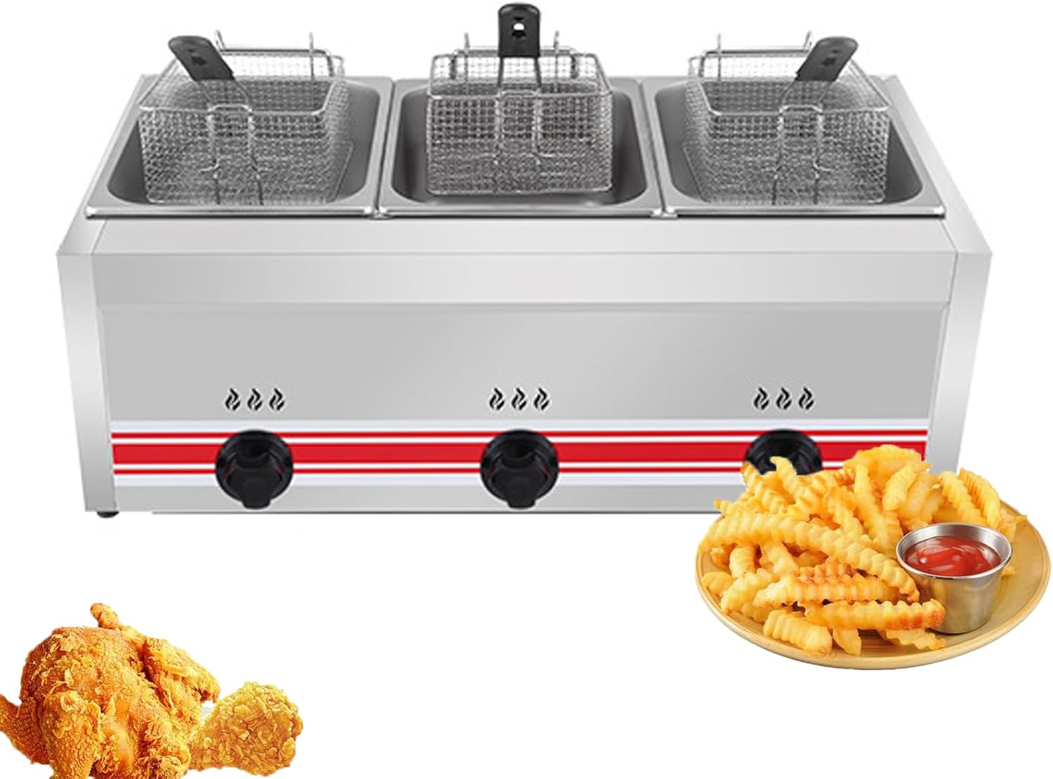 Commercial Gas Deep Fryer,Thickened Stainless Steel Countertop Oil Fryer, Large Capacity With Temperature Control,Double Fryer For French Fries Turkey Donuts Home Kitchen Restaurant (triple boiler)