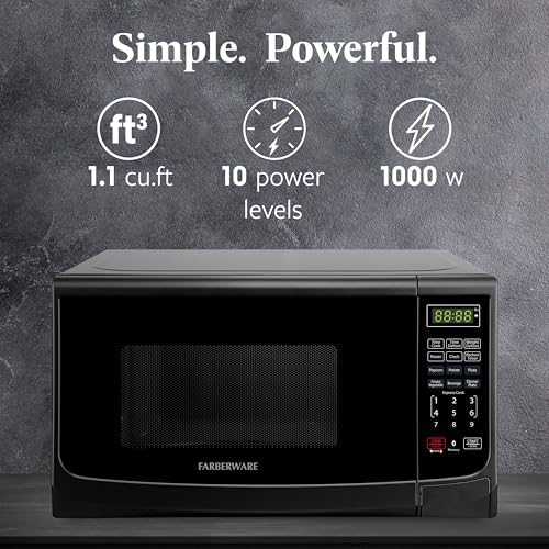 Farberware 1.1 Cu. Ft. Countertop Microwave Oven – 1000 Watts Power, Auto Cook Settings, Defrost, Easy Clean and Child Safety Lock - Black