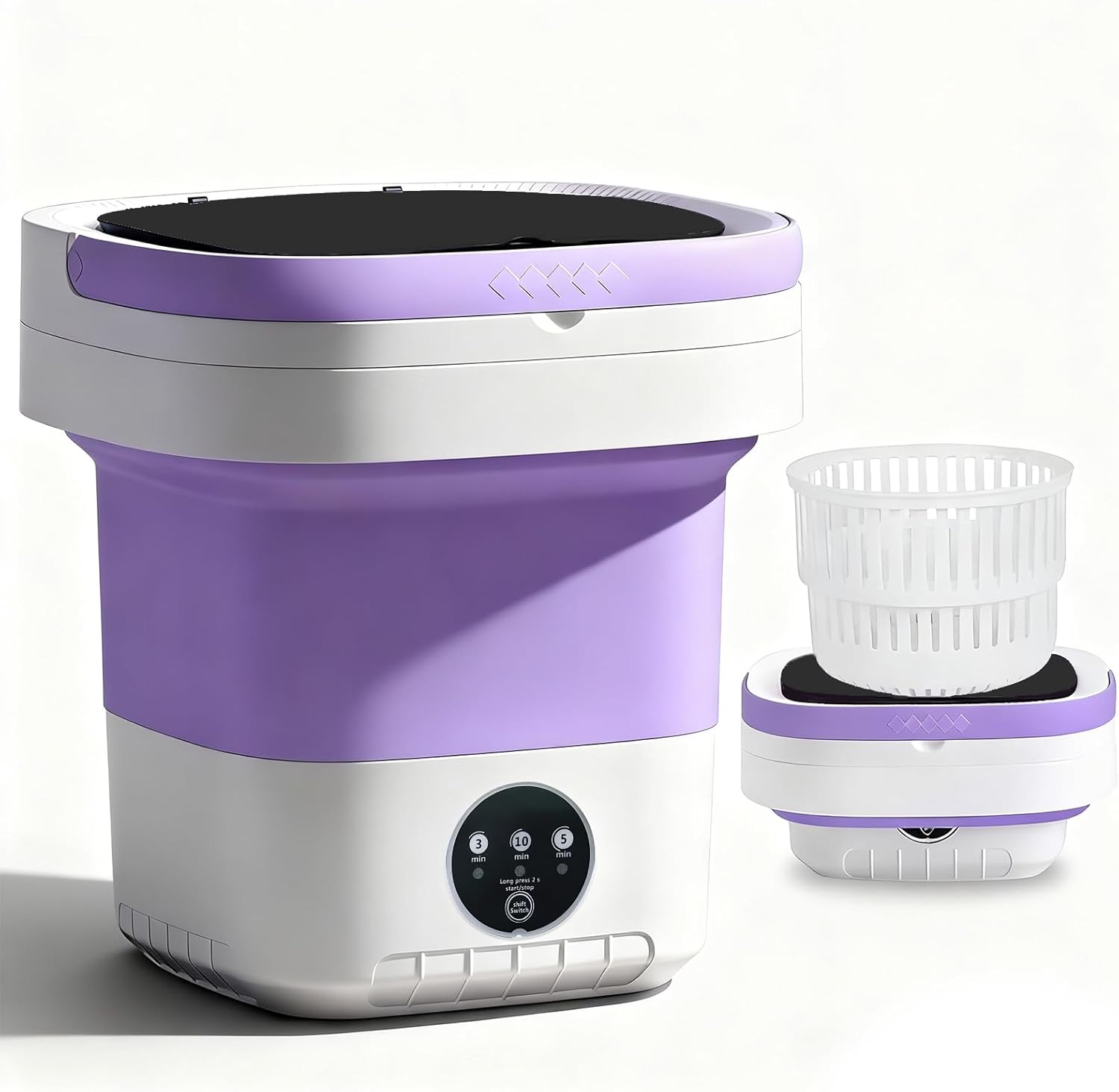 Portable Washing Machine, 15L Mini Collapsible Washer with 3 Cleaning Modes for Baby Clothes, Underwear, Small Foldable Laundry for Travel Apartment Home Dorm Hotel Camping (White+Purple)