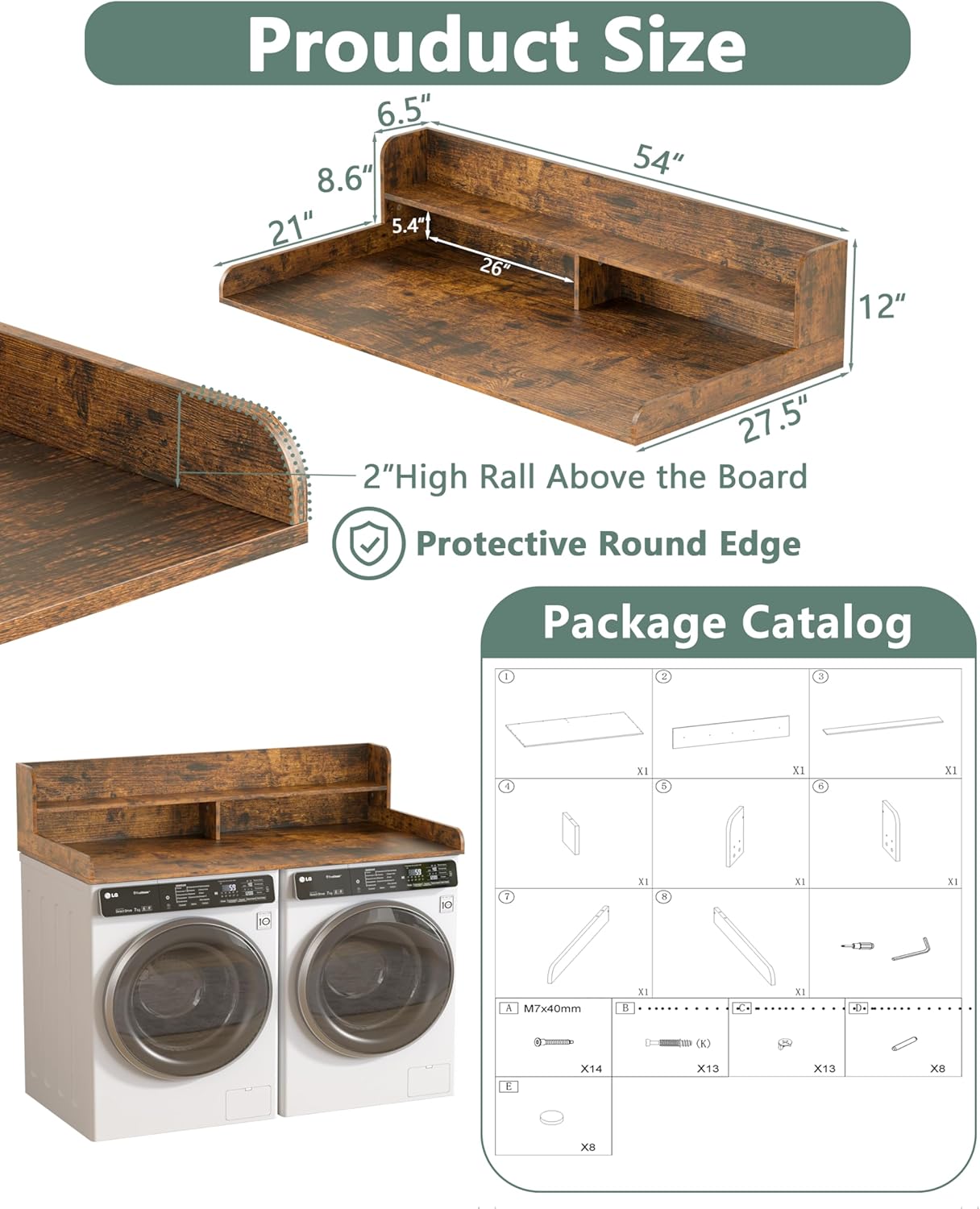 Piskyet Washer Dryer Countertop,2- Tier Laundry Countertop with Edge Rails,27.5