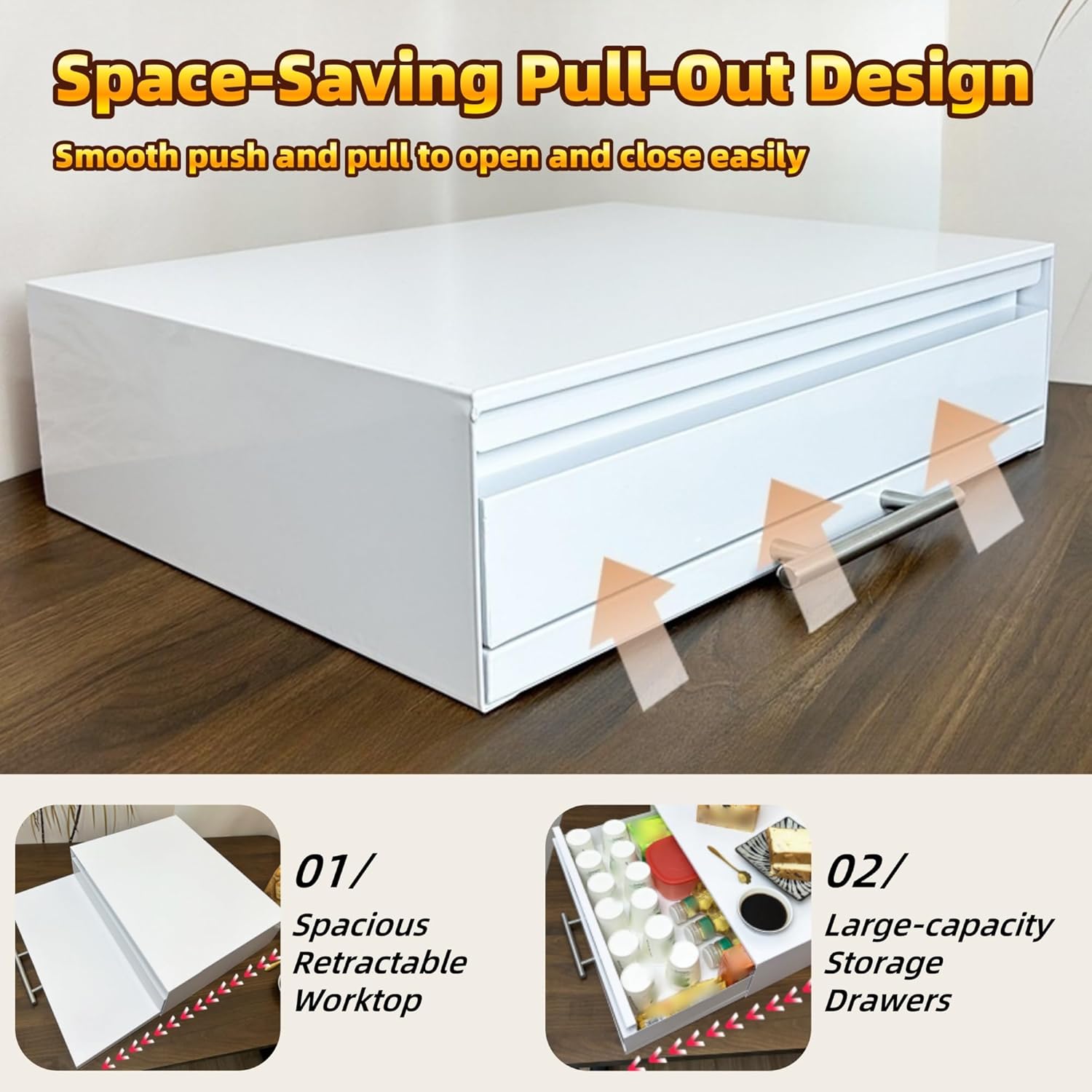 3-Tier Microwave Stand with Drawer, Microwave Rack with Pull-Out Extension Work Shelf, Carbon Steel Kitchen Counter Organizer for Coffee Maker & Small Appliances 18.5''L x 14.2''W x 5.5''H(Black)