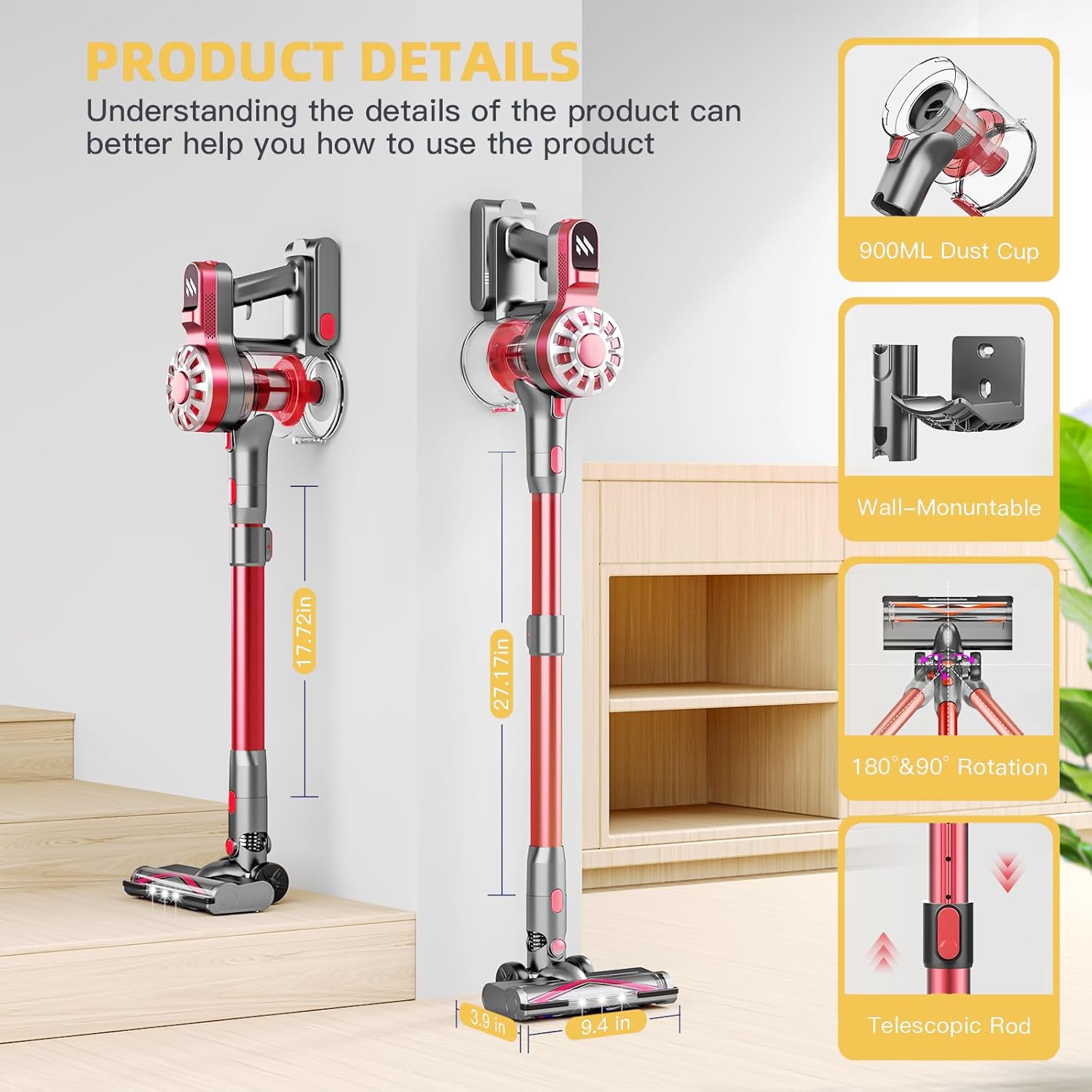 Cordless Vacuum Cleaner for Home, Lightweight Stick Vacuum Cordless Rechargeable with Power Suction, Up to 35 Mins Runtime, Hardwood Floor Vacuum for Pet Hair, Carpets, Tile(Deep Red)