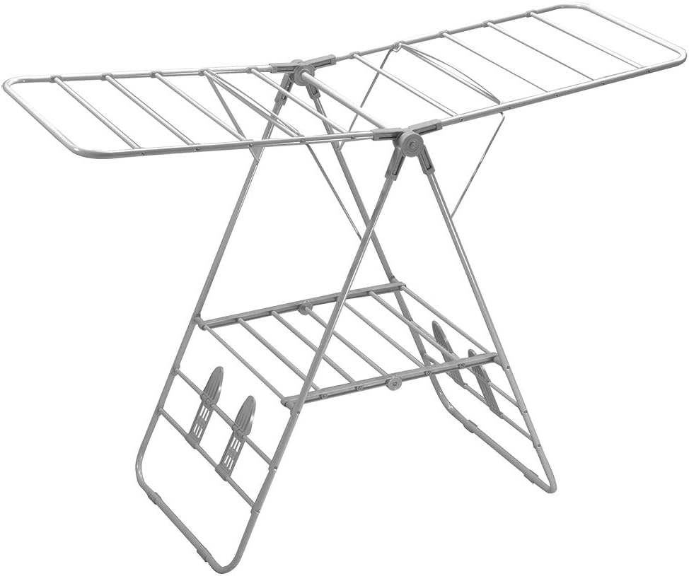 Foldable Clothes Drying Rack with Shoe Drying Area by Home Basics | Powder Coated Steel, Collapsible Design with Shelf, Ample Drying Space | Expands on Both Sides