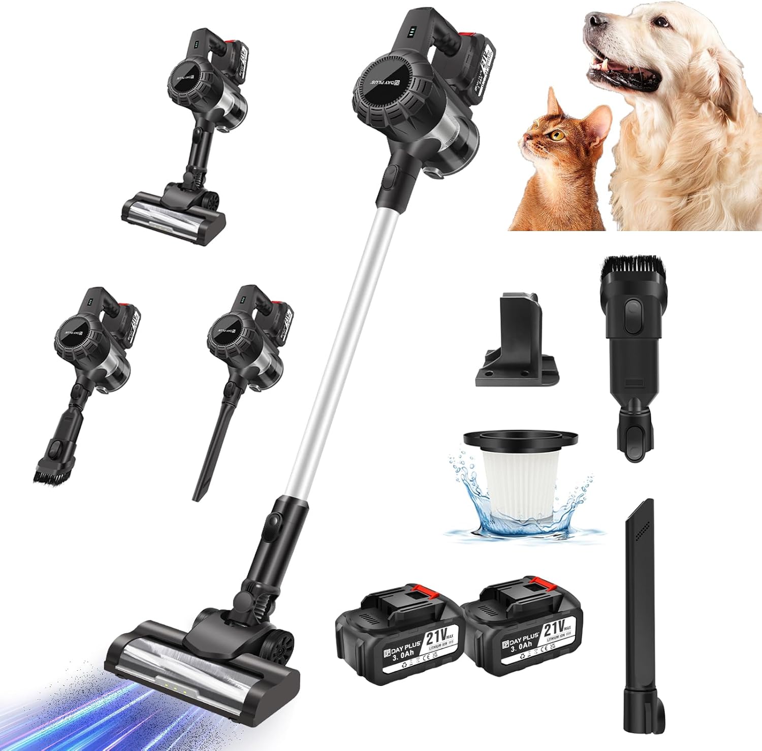 Cordless Stick Vacuum Cleaner, 15Kpa Powerful Suction Stick Vacuum with Brushless Motor, 2pcs 3000mAh Detachable Battery, 6 in 1 Lightweight Rechargeable Vacuum Cleaner for Pet Hair/Carpet/Hard Floor