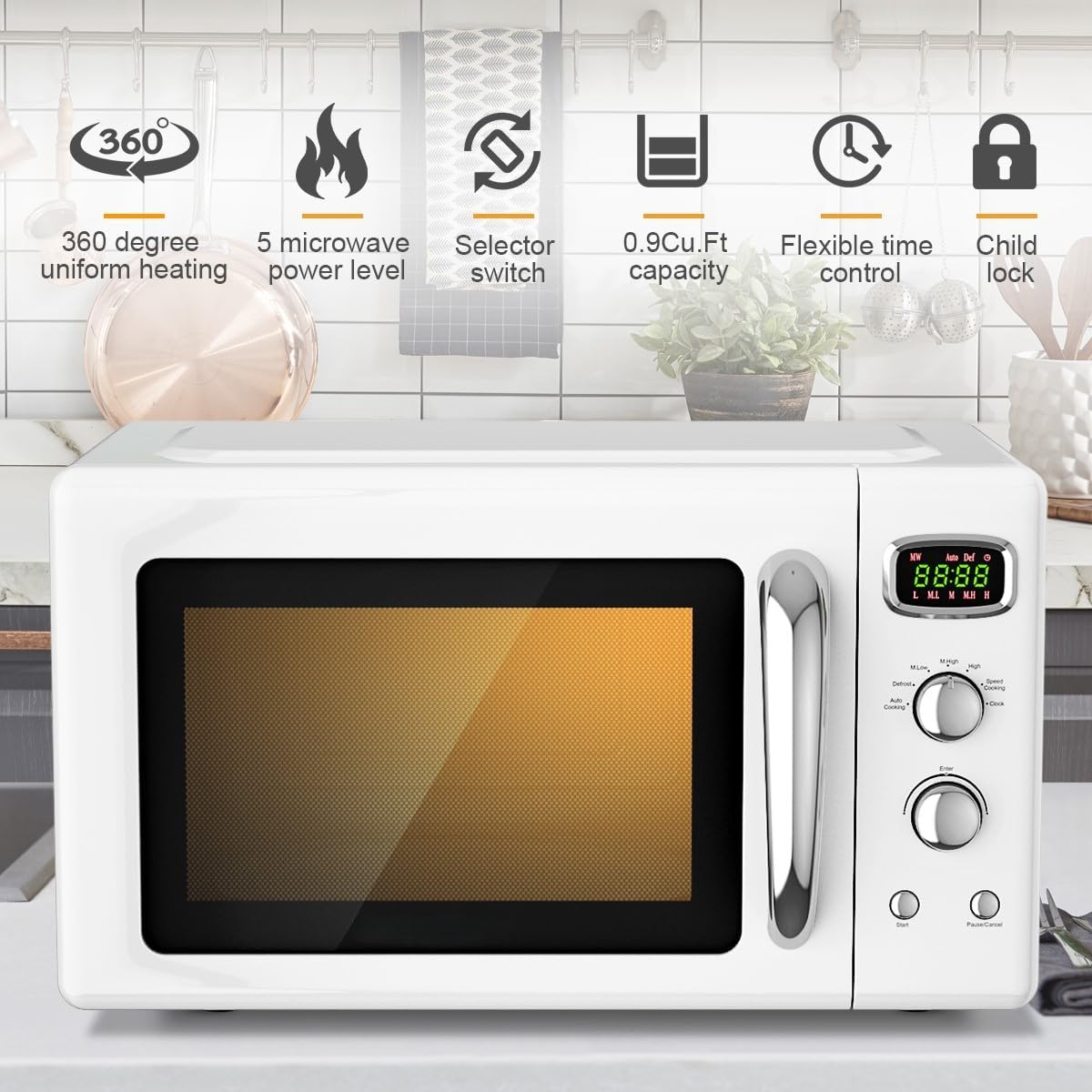 Retro Countertop Microwave Oven, SIMOE Compact Microwave Oven 0.9 cu.ft. W/Child Lock, 5 Micro Power, Defrost & 8 Auto-cooking, LED Display, Easy Clean Interior, White, 900 W