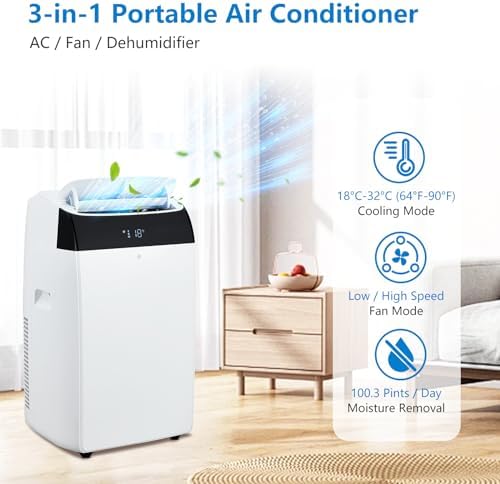 14,000 BTU Portable Air Conditioner with Built-In Dehumidifier, Easy to Move Small AC Unit with Remote Control, Window Mount Exhaust Kit, for Rooms Up to 750 Sq. Ft.