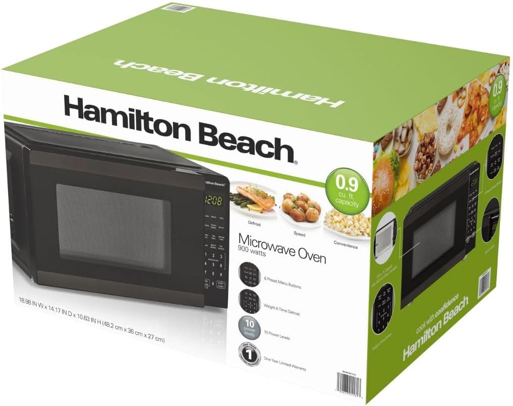 Hamiilton 0.9 Cu Ft Countertop Microwave Oven 900W Compact Stainless Steel with Easy-Touch Controls