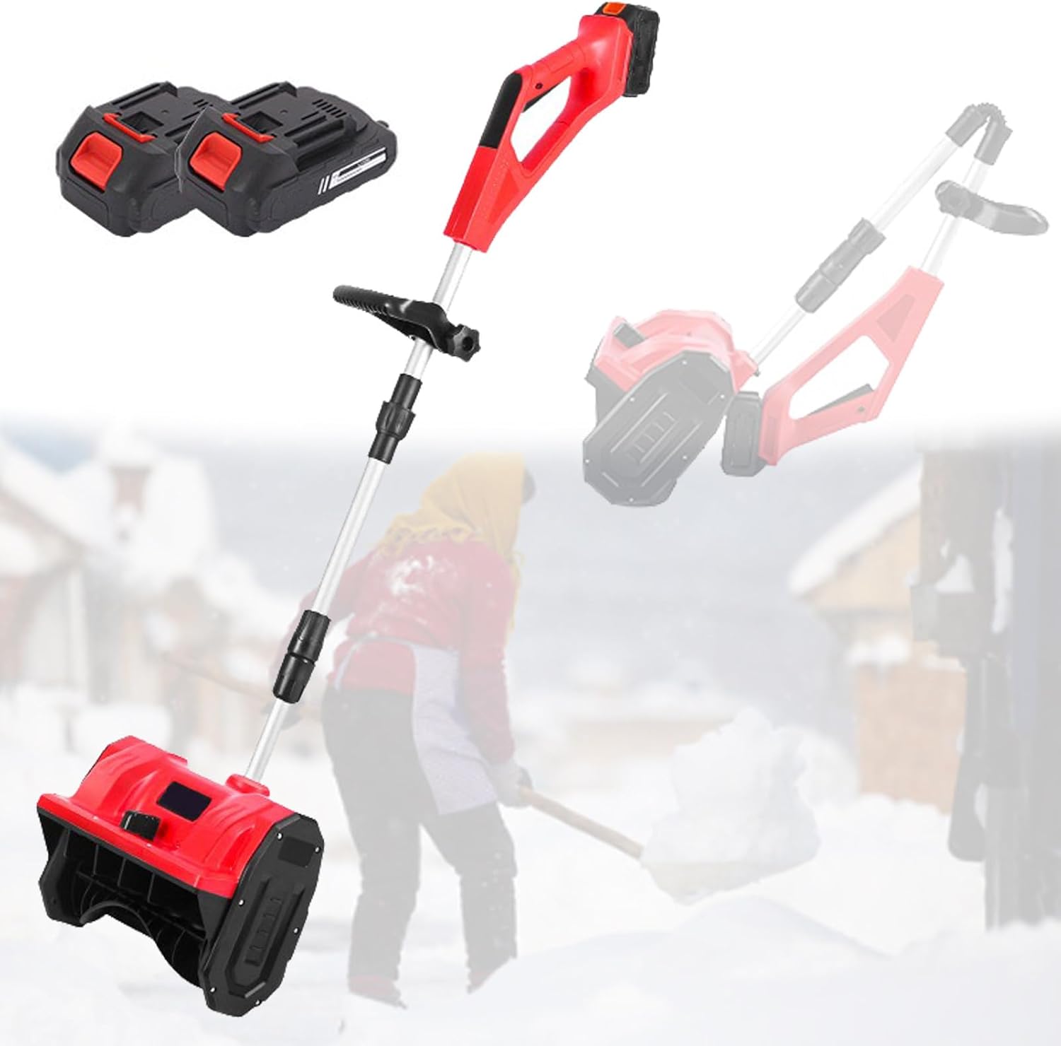 Snow Shovel Cordless Snow Sweeper – 32cm Wide Snow Shovel Adjustable Telescopic Pole, Foldable Snow Blower Household Snow Cleaning Tool, Battery Powered Snow Pusher,Red