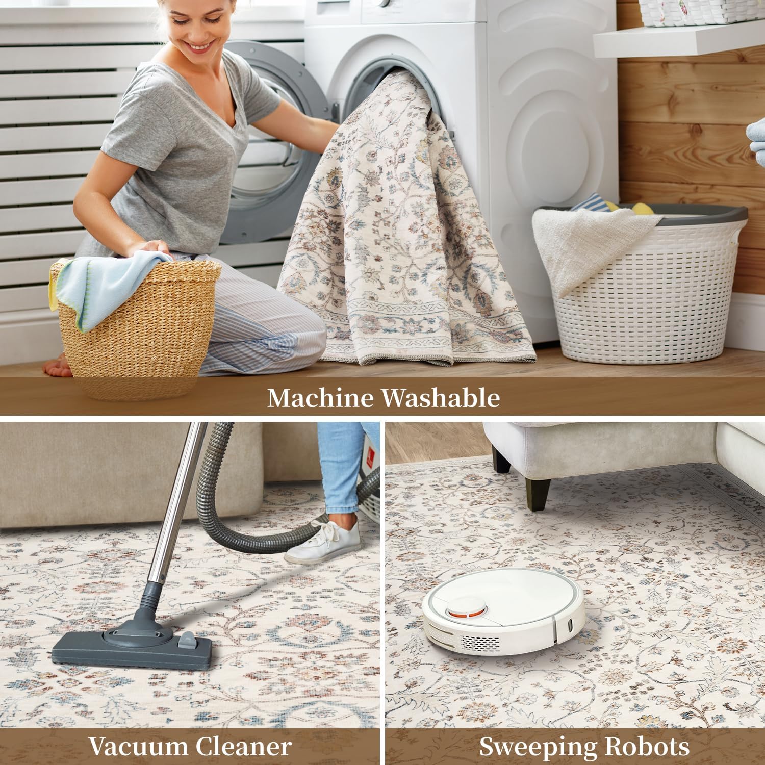 MontVoo-Vintage 2x10 Runner Rug-Soft Beige Washable Runners for Hallways-Non Slip Bedside Rugs for Bedroom-Machine Washable Long Rug for Hallways Entryway Laundry Room Stair Kitchen Bathroom