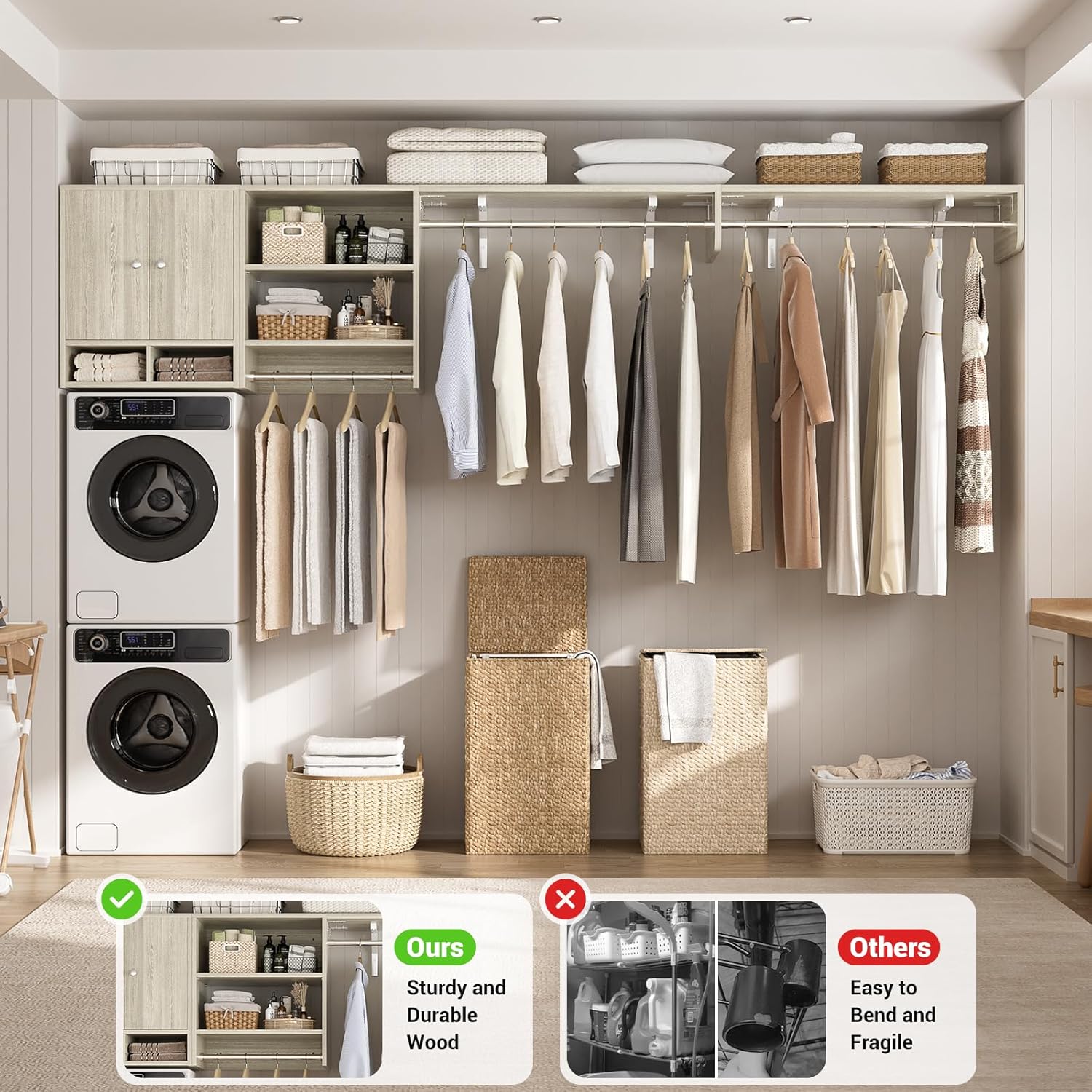 Unikito Over Washer and Dryer Storage Shelves and Organizer, Wall Mounted Laundry Room Shelf with 3 Hanger Rods, Laundry Room System, Space Saver Clothes Drying Rack, 118