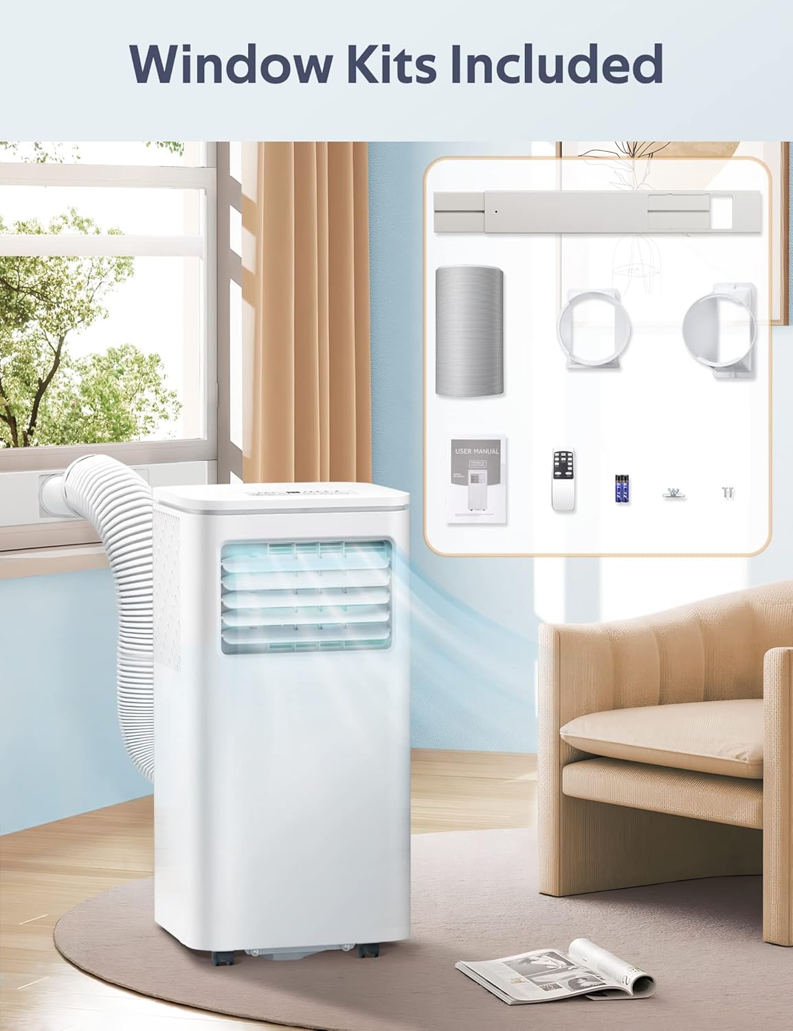 ZAFRO 8,000 BTU Portable Air Conditioners, Air Conditioners for Room up to 350 Sq.ft, Portable AC Unit with Remote/Digital Display/24Hrs Timer/Installation Kits for Home/Office/Dorms, White