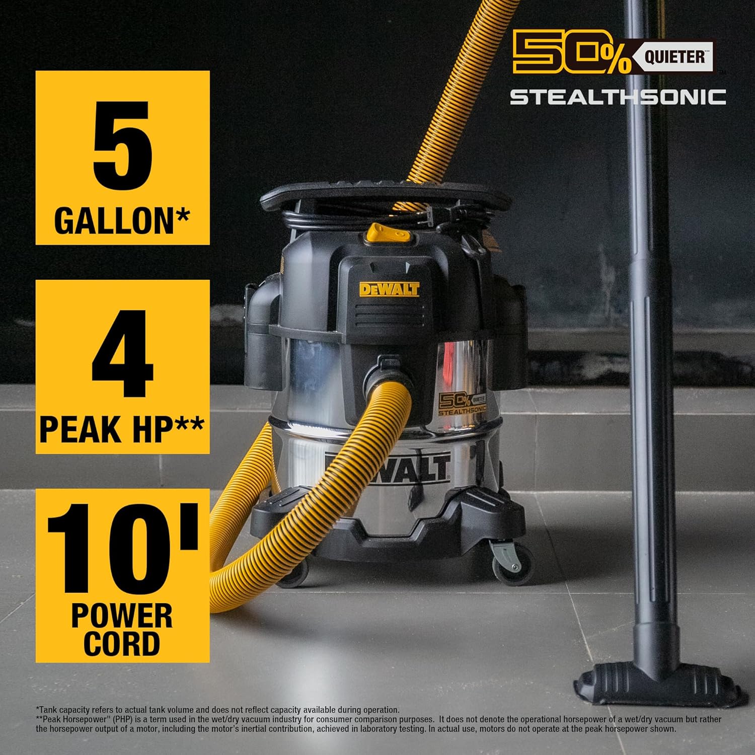 DEWALT 5 Gallon 4 HP STEALTHSONIC Shop Vacuum Wet and Dry DXV05S-QTB with 6 Dust Bags Ultra Quiet Stainless Steel Wet/Dry Vacuum Cleaner with Powerful Suction for Garage, Jobsite, and Workshop