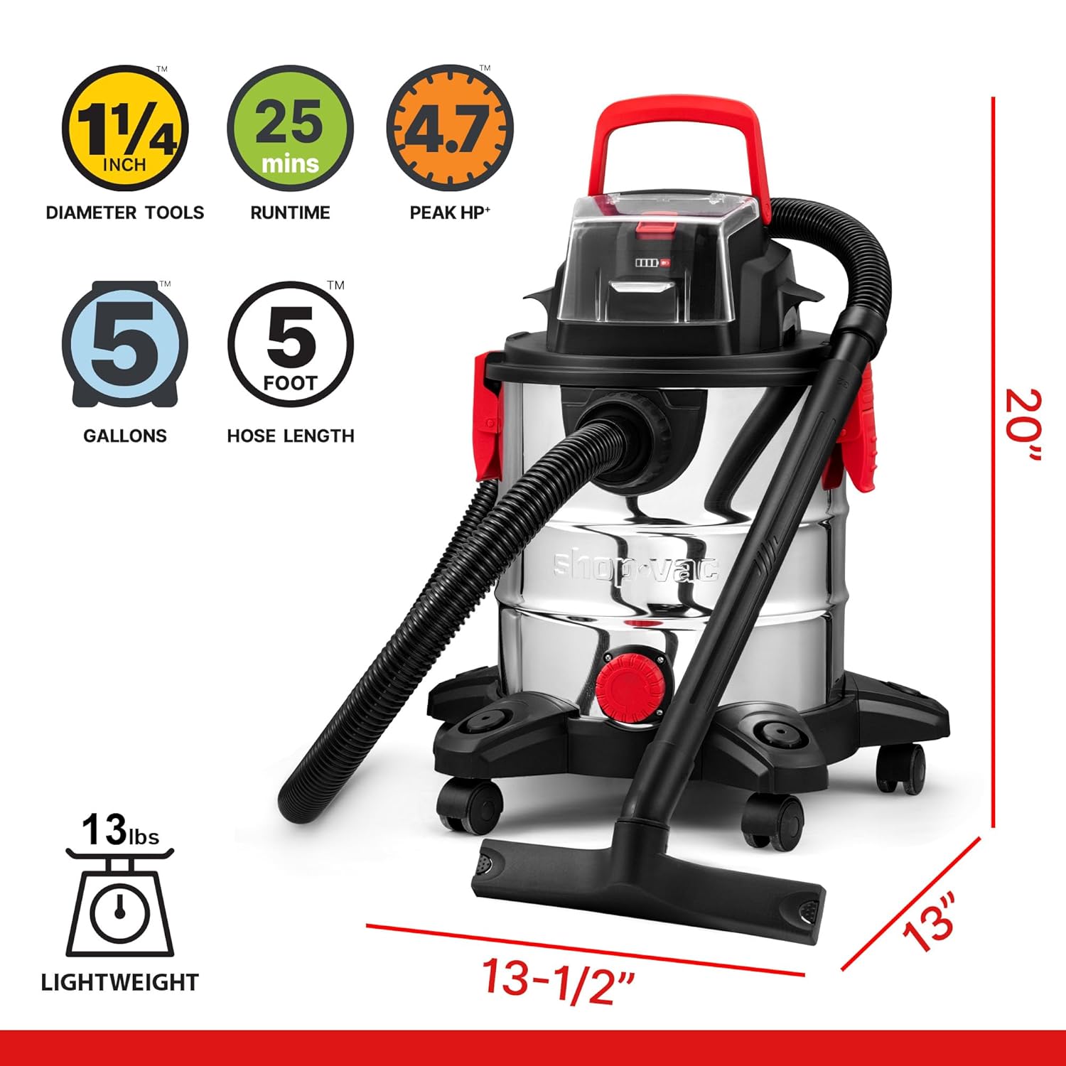 Shop-Vac 20V Wet/Dry Cordless Vacuum, 5 Gallon, 4.7 Peak HP, 10kPa Strong Suction & Blower, Portable Shop Vacuum, 4.0A Battery Powered Shop Vac for Car, Home and Garage