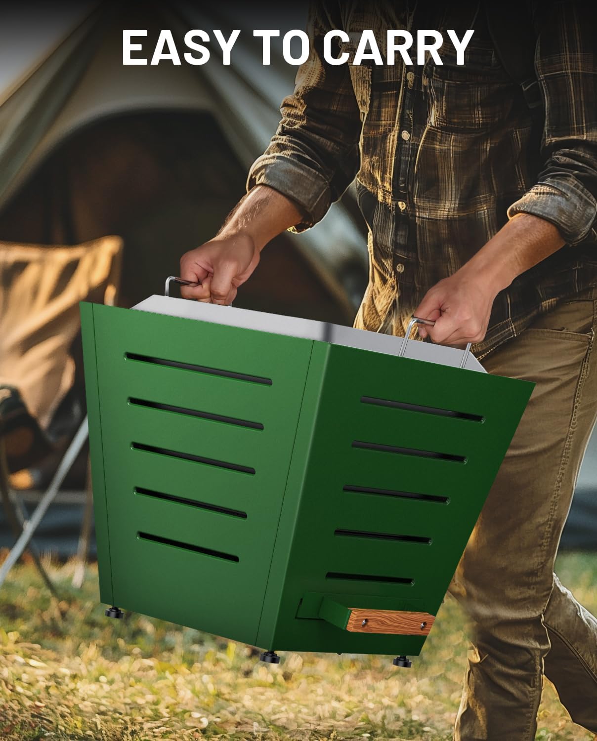 20 Inch Smokeless Fire Pit Stainless Steel Wood Burning Fireplace Portable Outdoor Fire Pit Patio Smokeless Firepit with Pull-Out Ash Tray and Handles, Green