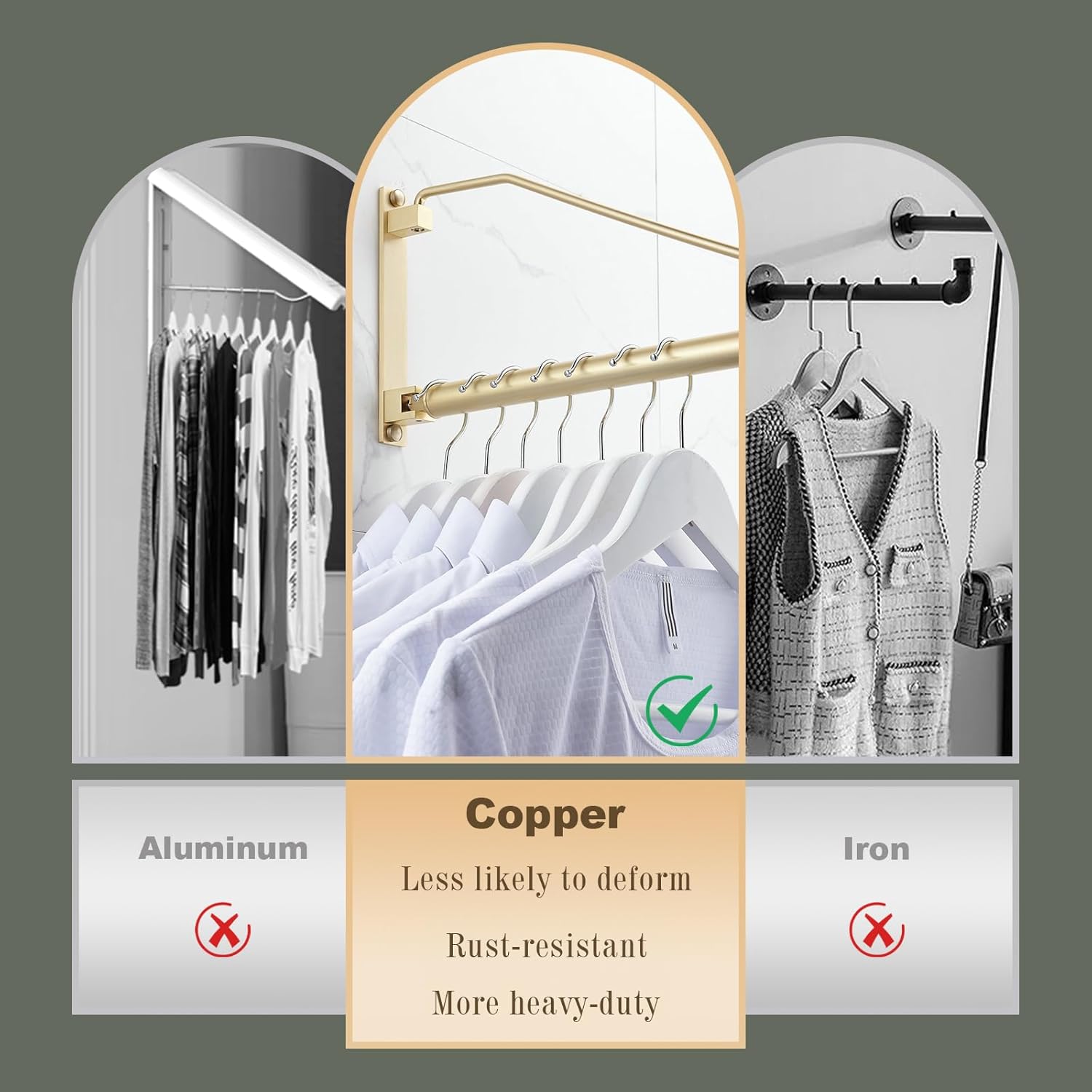 NEWRAIN Folding Wall Mounted Clothes Hanger Rack Clothes Hook Solid Brass with Swing Arm Holder Clothing Hanging System Closet Storage Organizer Heavy Duty Drying Rack Wall Mount,Brushed Gold