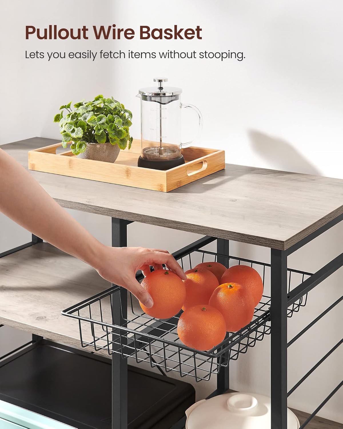 VASAGLE ALINRU Kitchen Baker’s Rack, Coffee Bar, Microwave Oven Stand, with Steel Frame, Wire Basket, 6 Hooks, for Mini Oven, Spices Utensils, Industrial, Heather Greige and Ink Black UKKS090B02