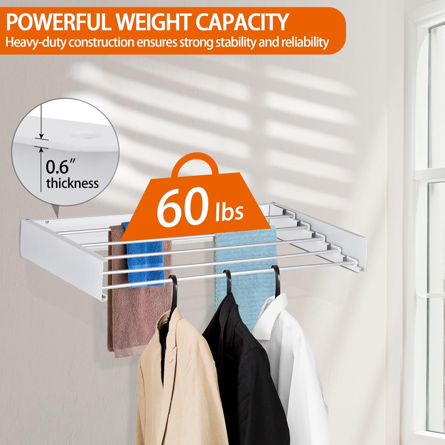 FOCHIER F Laundry Drying Rack Wall Mounted Clothes Drying Rack Collapsible with 5 Aluminum Rods and Drilling Template Long Screwdriver Bit 60 lbs Capacity (White, 31.5