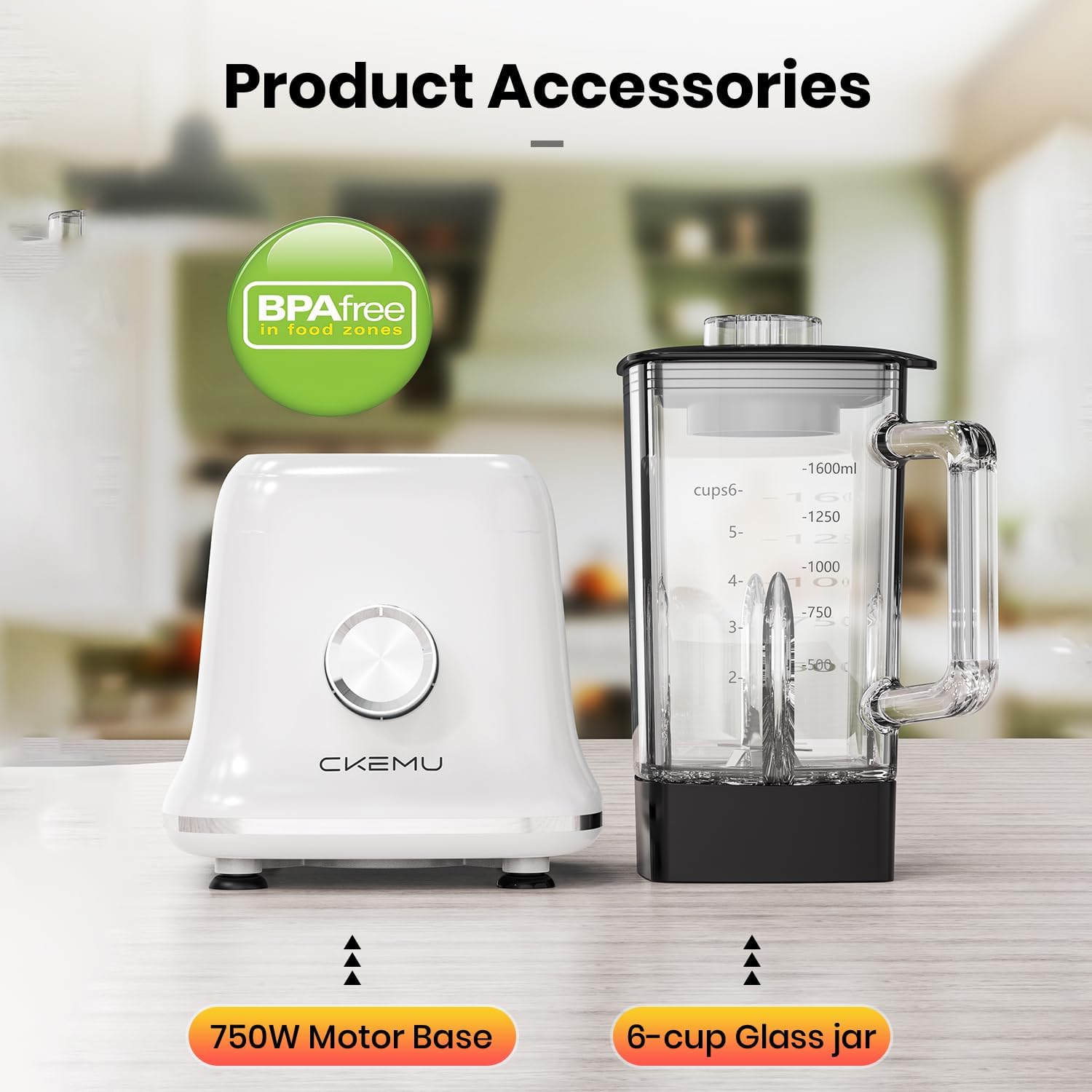 Professional Blender For Smoothies, 58 Oz Glass Jar, Glass Blender Including Puree & Crush Ice Functions, 750 Watts, With Portable Travel Cup B02 (Ceramic White)