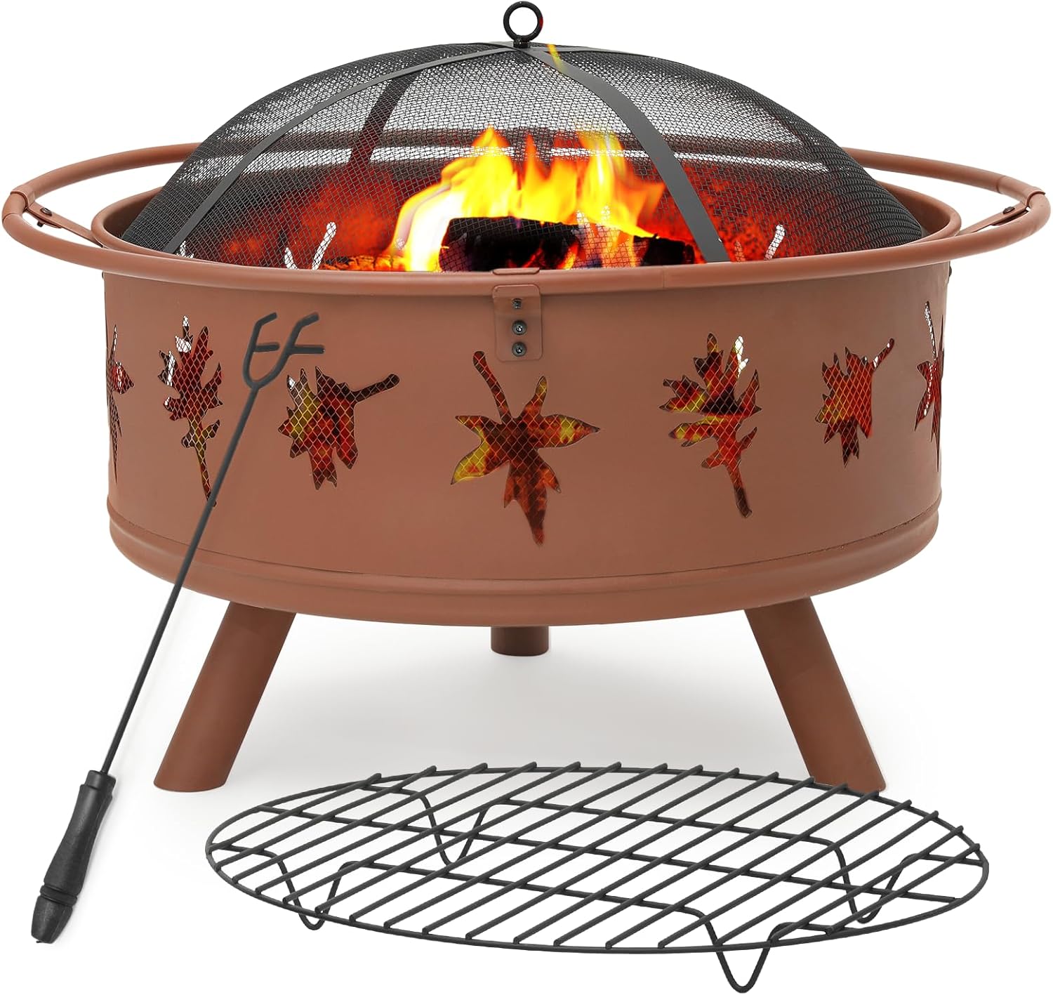 Athena Collection 32 in Fire Pit for Outside Large Wood Burning Firepit Leaf Pattern Iron Firepit Bowl Stove Round Outdoor Fireplace for Camping Heating BBQ Bonfire with Spark Screen Log Grate Poker