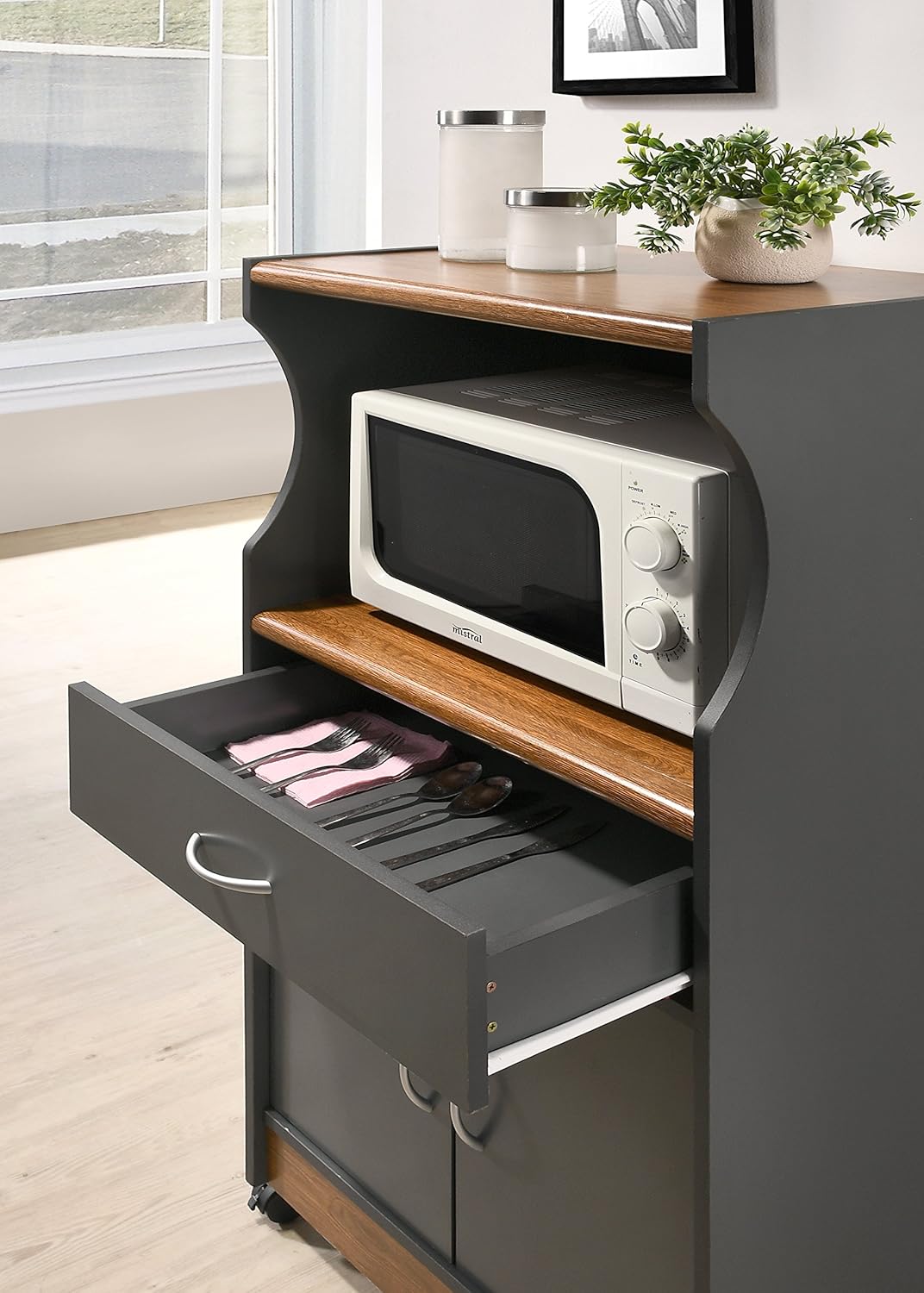 HODEDAH IMPORT Microwave Cart with One Drawer, Two Doors, and Shelf for Storage, Grey-Oak