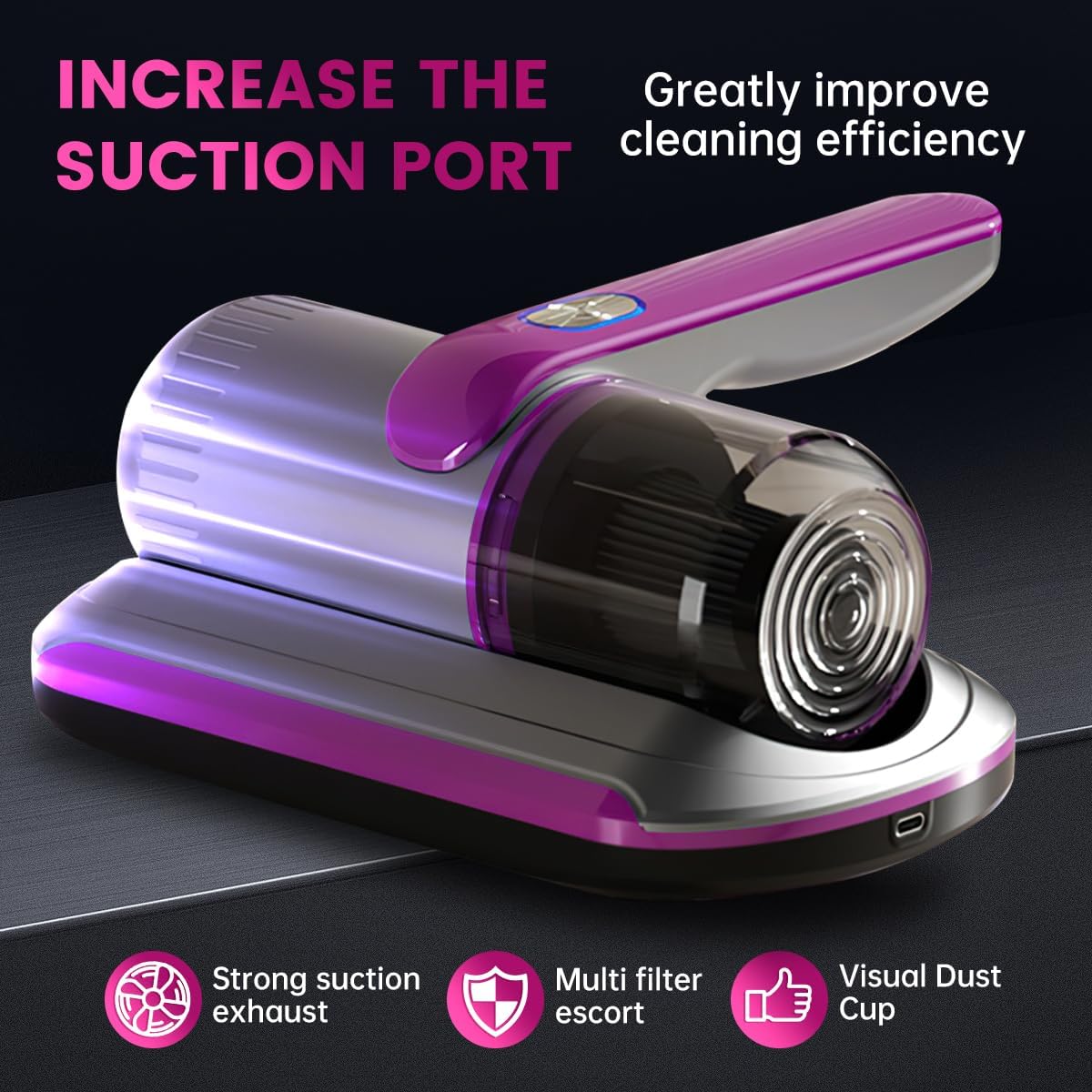 PATO Mattress Vacuum Cleaner, Wireless Handheld Bed Vacuum Cleaner with UV-C Light, HEPA Filter and Ultrasonic Vibration, 12KPa, Suitable for Beds, Sofas, Car Seats, Carpets (Purple)