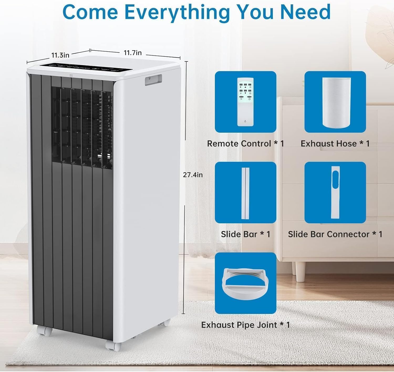 Portable Air Conditioner 8,000 BTU - 3-In-1 Cooling, Dehumidifier & Fan for Rooms Up to 350 Sq.Ft, Low Noise Sleep Mode & Complete Window Kit，Dark Grey