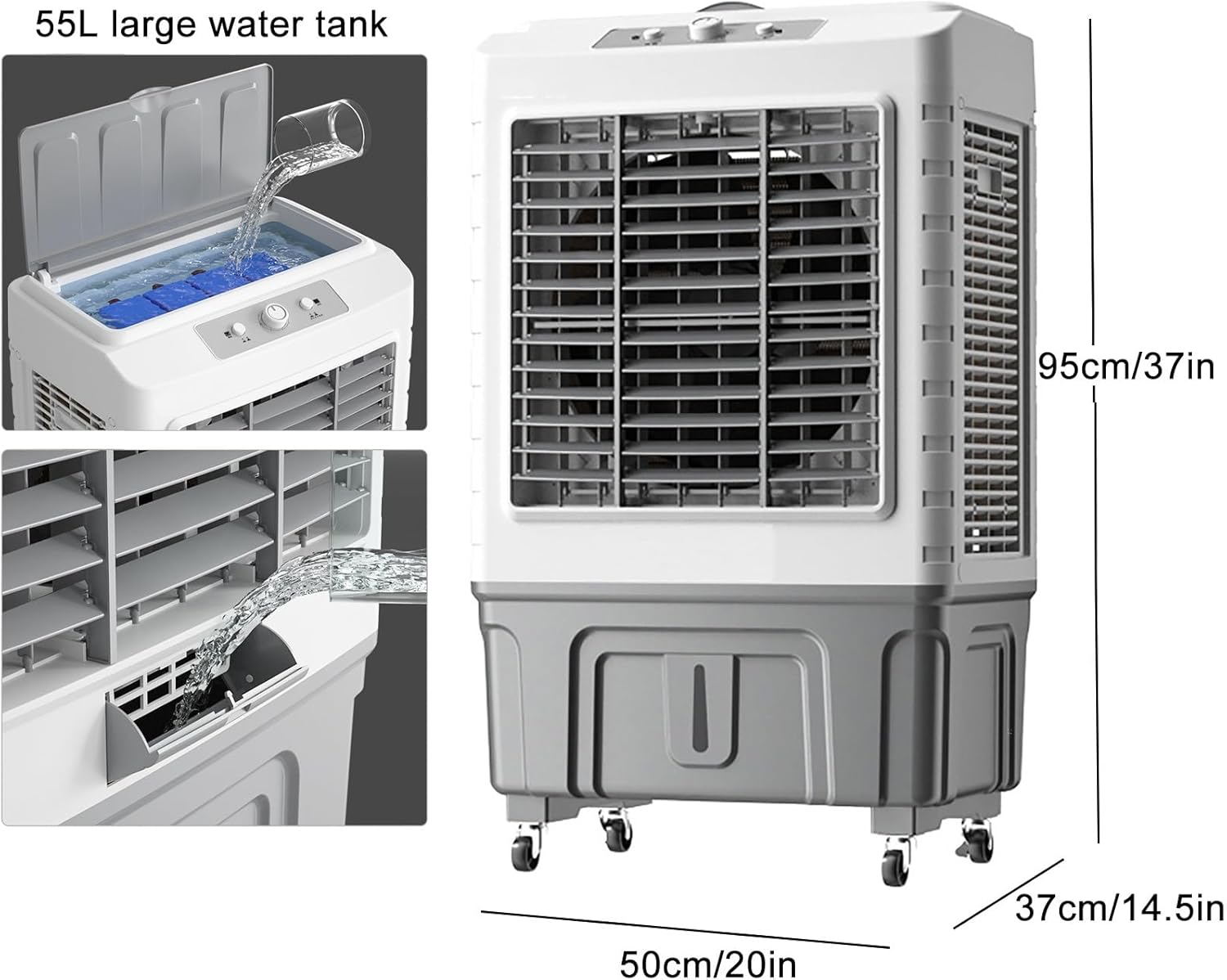 Evaporative Air Cooler 3 Speeds Air Conditioner, 3-in-1 Air Cooler with 55 Litre Capacity, 120° Oscillating Water Cooler Fan