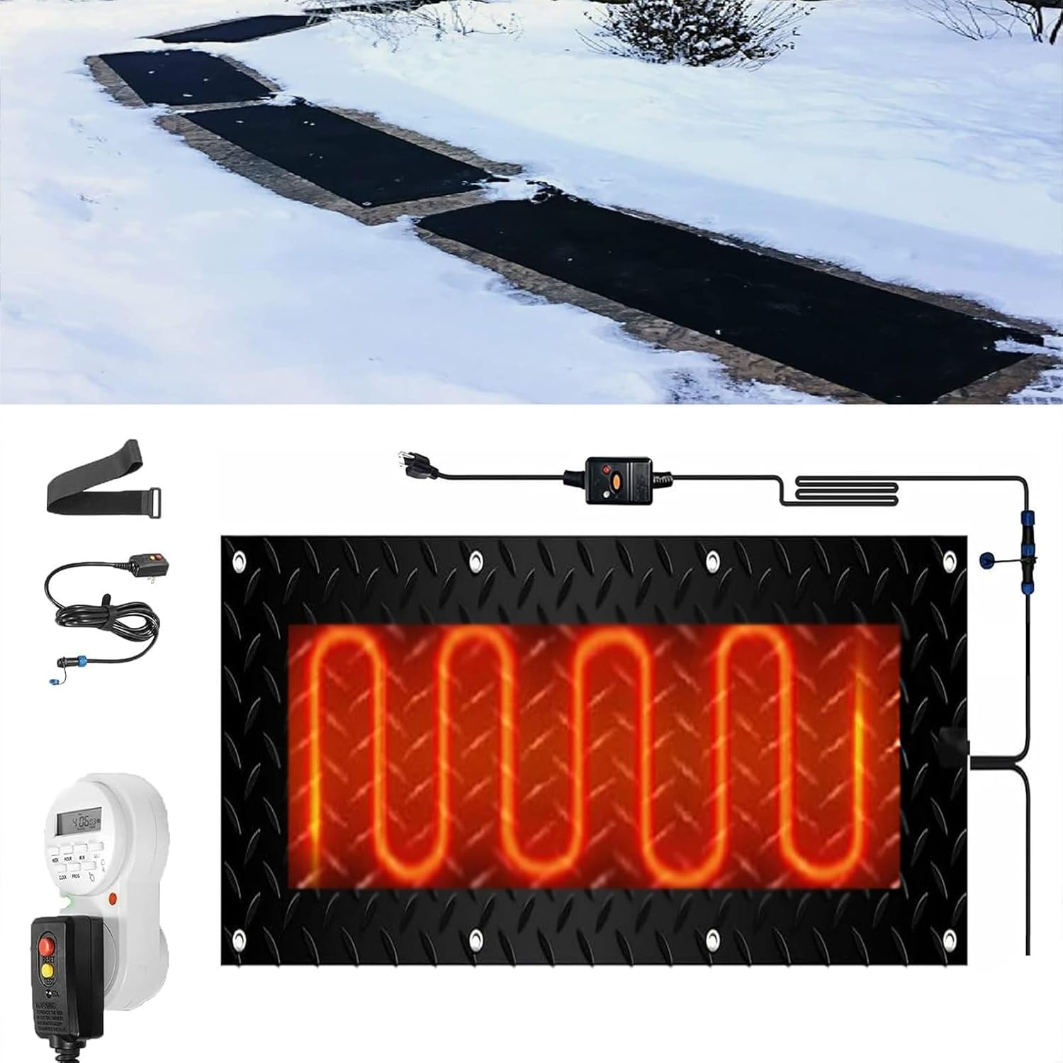 Outdoor Heated mat with Timer, 1/2/3/4/5 Pcs Walkway Snow Melting mats,Outdoor Stairs- Non-Slip Winter Removal and Ice Melt Products -Heating Entrance Three Pieces(1 Pcs,12x36in/(30x90cm))