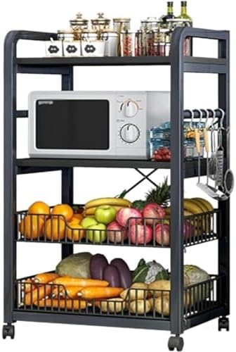 Kitchen Baker’s Rack with Storage Shelves, Microwave Oven Stand with Wheels, Industrial Metal Utility Shelf(Black)