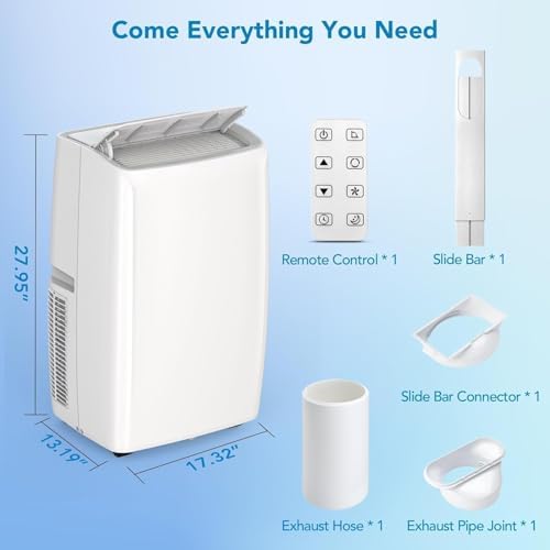 Portable Air Conditioners, 14000 BTU Compact Portable AC with Remote, 4-In-1 Cooling, Dehumidifier, Sleep, Fan Modes, Includes Window Kit for Easy Installation, Cools Rooms up to 750 Sq. Ft., White
