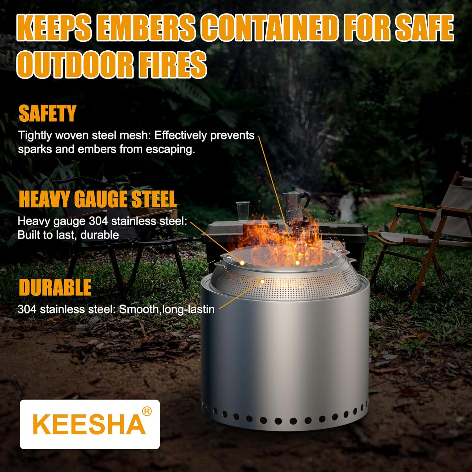 KEESHA Fire Pit Spark Protector Screen for Solo Stove Yukon Durable 304 Stainless Steel Mesh Shield Two-Piece Mesh Cover, Includes Wooden Handle Removal Tools, Compatible with Outdoor Fire Pits