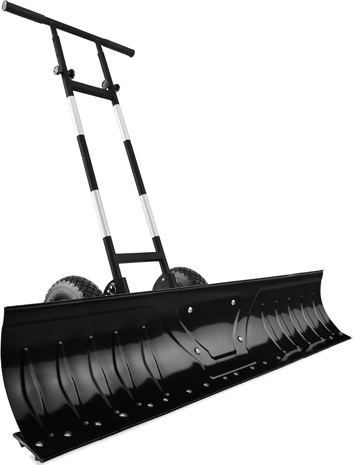 Durable Dual-Wheel Push Snow Shovel with Wheels, Adjustable Handle and Blade Angle for Clearing Snow