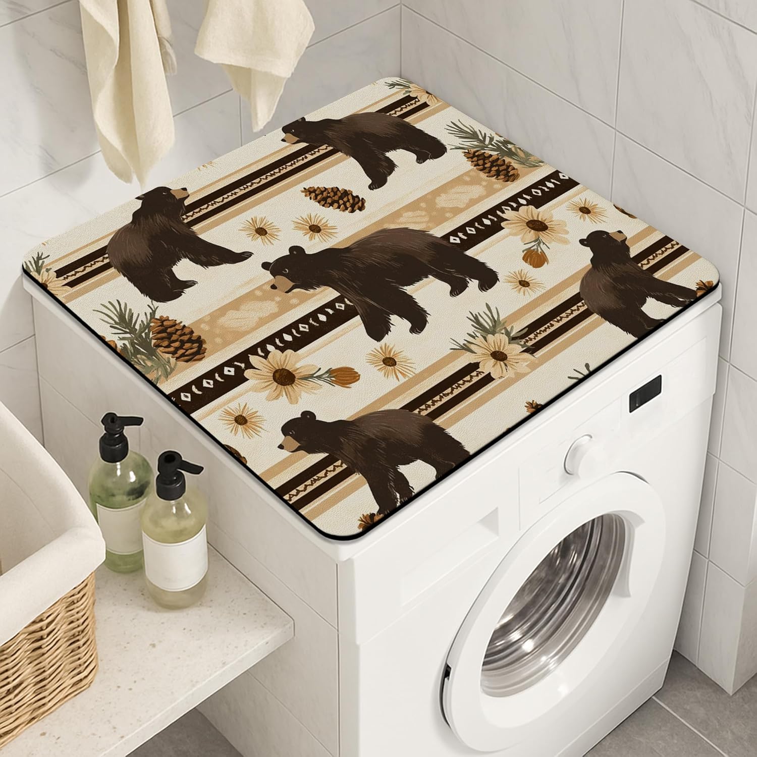 Bear Washer Dryer Top Protector Mat, Rustic Bohemian Floral Laundry Machine Dust Covers, Nature-Themed Protector for Home, Anti-slip Waterproof Washer And Dryer Mats 24x24 Inch