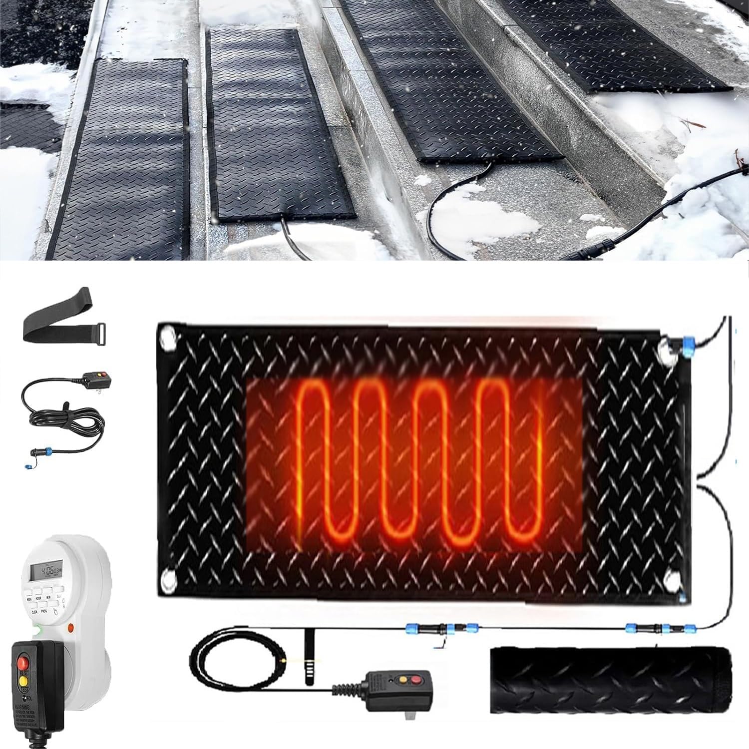 Heated Snow Melting Mats with Timer, 1/2/3/4/5 Pcs Non Slip Rubber Heated Mat,Winter Snow and Ice Melting Mat for Outdoor Stairs,Steps,Doorways,Walkways,Driveway(1 Pcs,12x36in/(30x90cm))