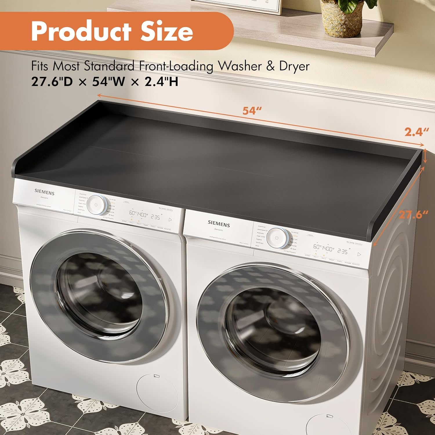 Premium Washer Dryer Countertop with Anti-Slip Pad, 54inch Laundry Room Organization Set, Stackable Storage Solution with Silicone Ironing Mat, Diatomite Mat(Black)