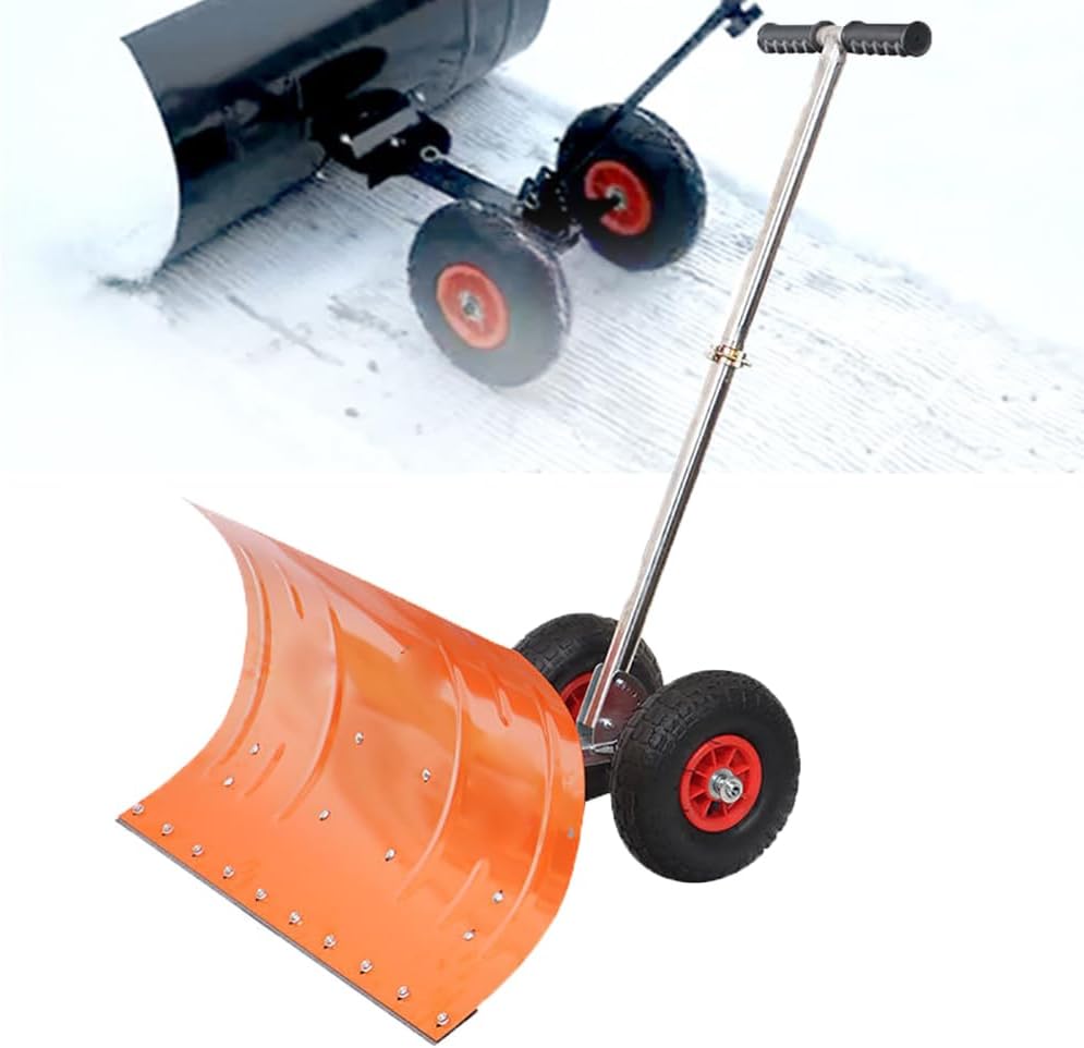 Wheeled Snow Pusher, 12mm Thickness Manual Snow Shovel with Adjustable Height Handle, 5-Speed Adjustment of Snow Shovel Angle, Anti-Skid Tires, for Stoops, Decks, Patios, Walkways
