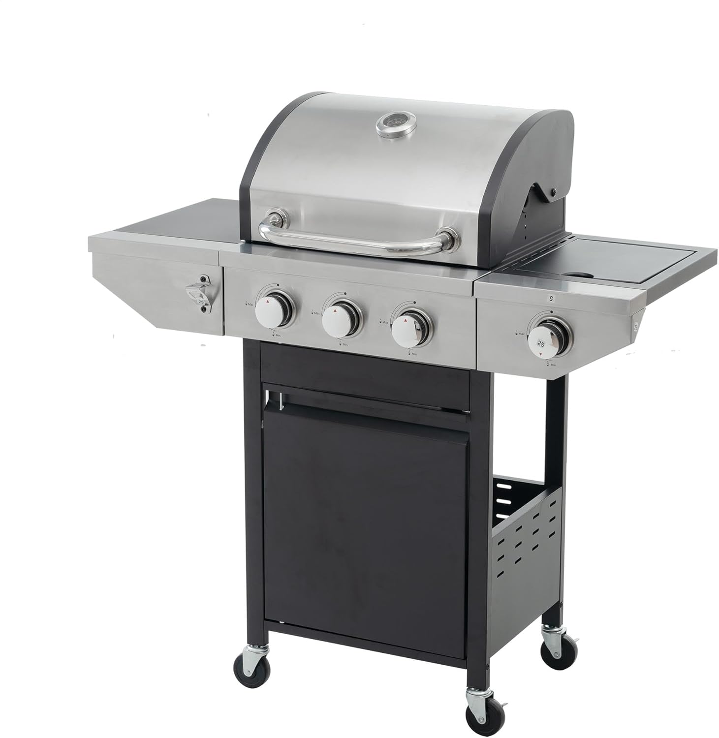 Propane Grill 3 Burner Barbecue Grill Stainless Steel Gas Grill with Side Burner and Thermometer for Outdoor BBQ, Camping