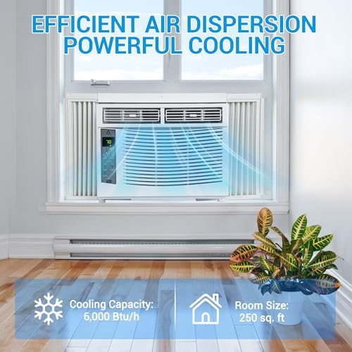 6,000 Btu Window Air Conditioner, Cools Up to 250 Sq. Ft with Cooling, Dehumidifier, 3 Fan Speed, Window-Mounted Room Ac Window Unit with Remote, Easy Install Kit for Home