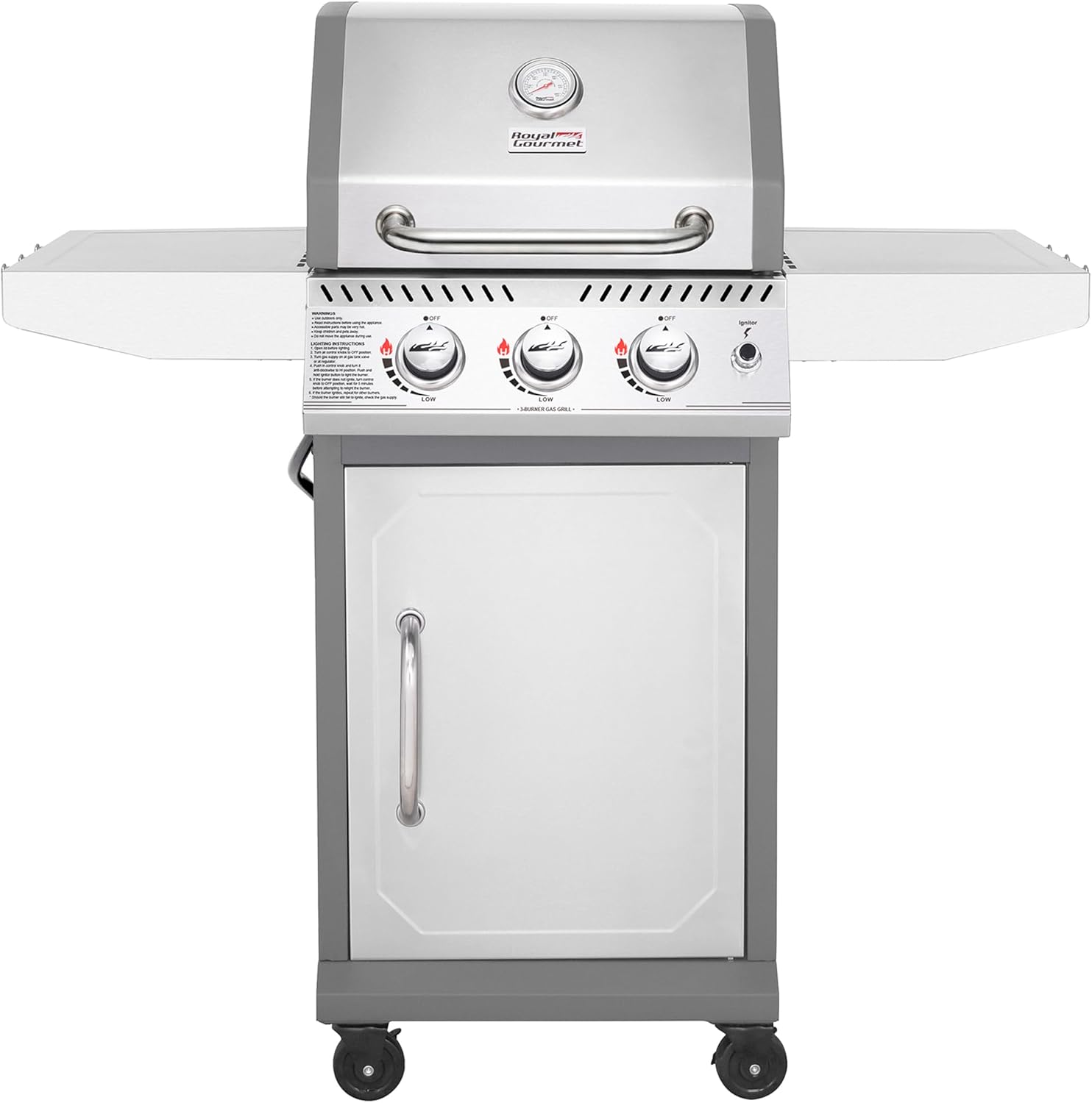 Stainless Steel 3-Burner Propane Gas Grill, 25,500 BTU Cabinet Style Gas Grill with Side Tables, Outdoor Cooking Grill for Patio Garden Barbecue, Silver, GG3001S-SC
