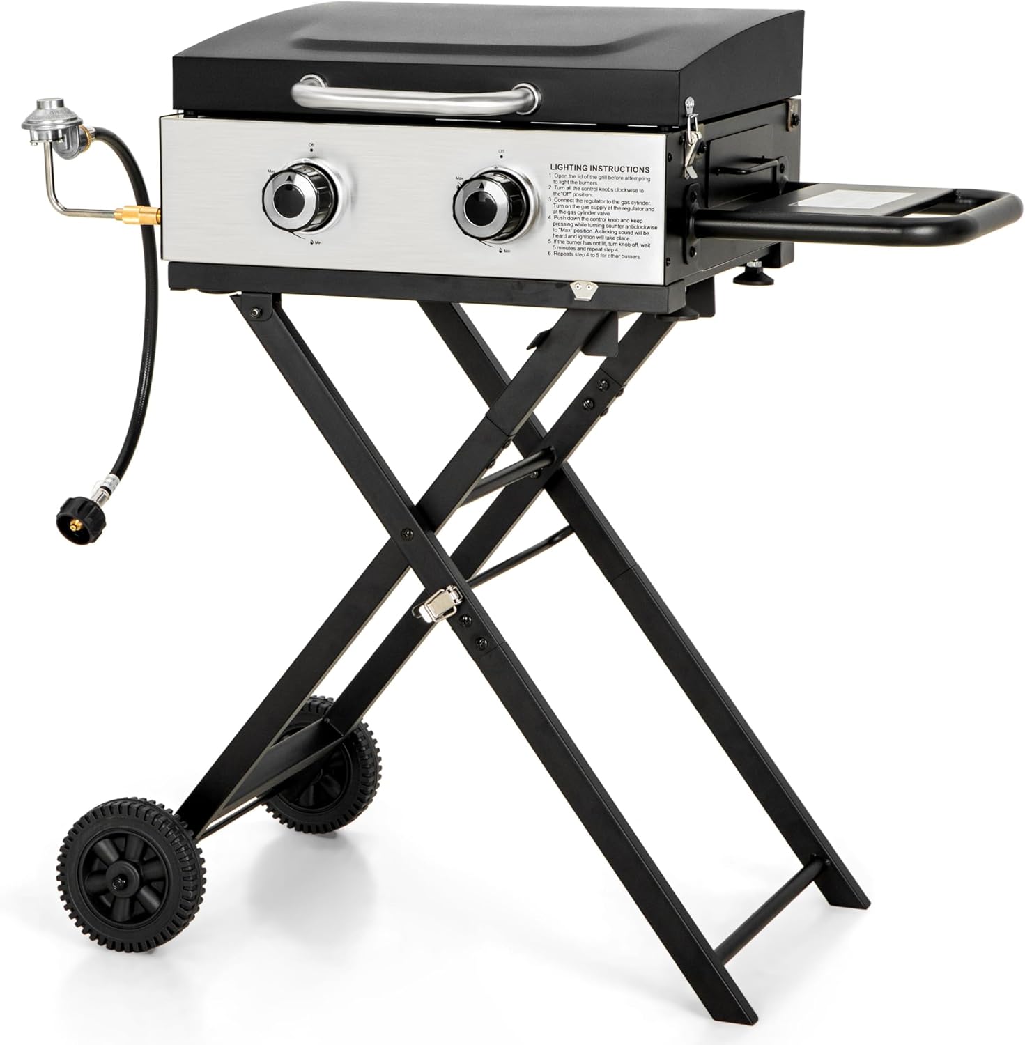 Sophia & William Portable Gas Grill Griddle, Small Propane BBQ grill with Foldable Legs & Wheels for Outdoor Barbecue, Camping, Tailgating, Roadtrip, RV, 2 Burner Flat Top Griddle, 20,000 BTU, Black
