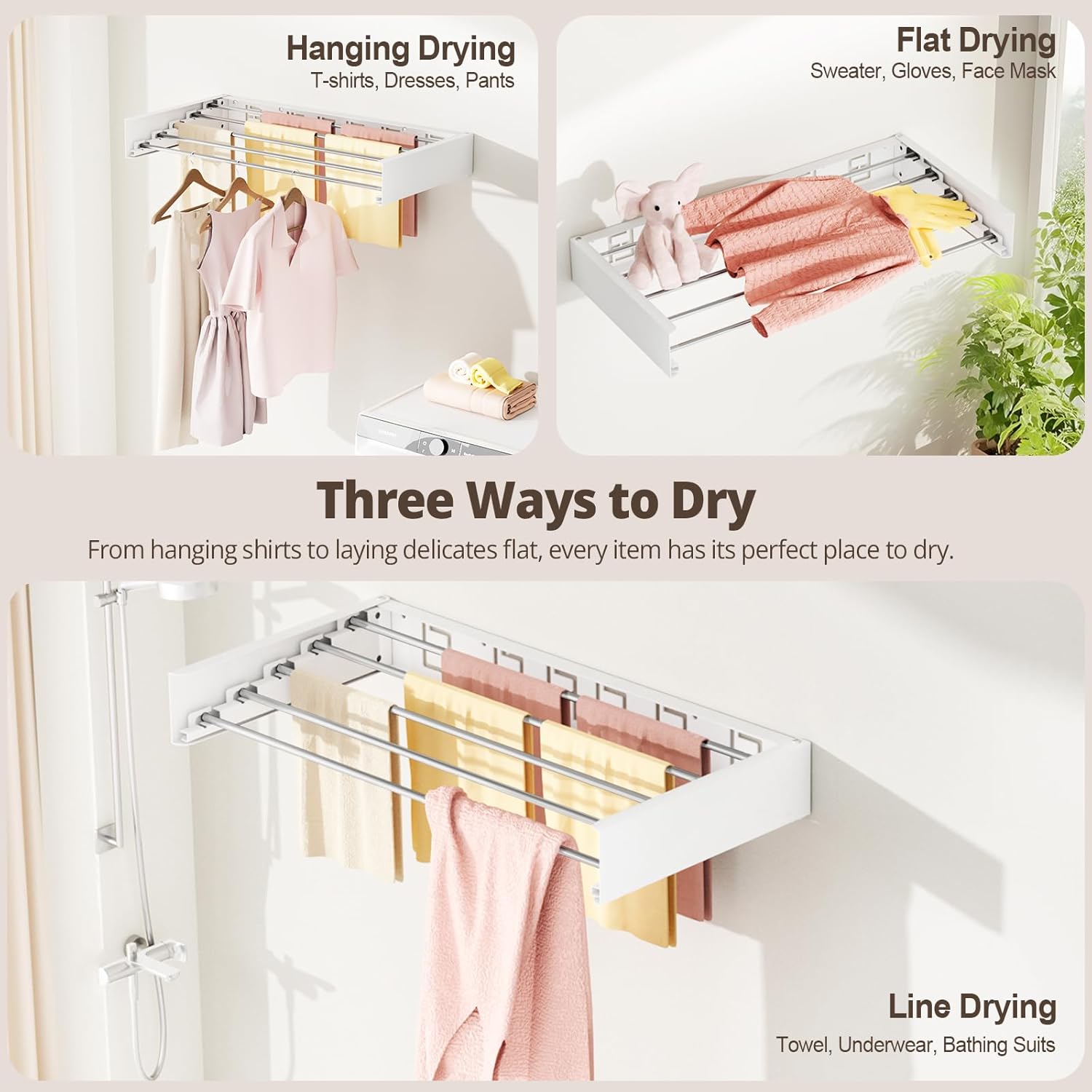 Wall Mounted Clothes Drying Rack Folding Indoor, Foldable Laundry Drying Rack Collapsible,Invisible, Space Saving, Retractable Towel Drying Rack, with Wall Template(5 Drying Rods, White 32