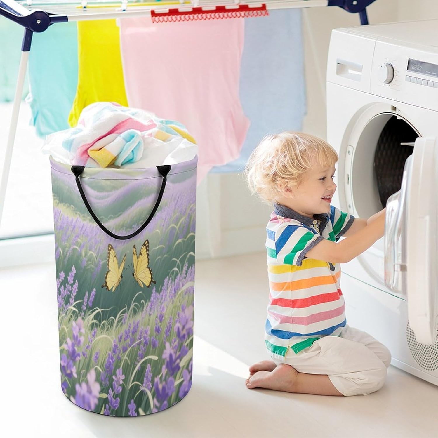 86L Large Laundry Hamper Yellow Butterfly Patterned Dirty Laundry Hamper Foldable Laundry Bag with Handle Suitable for Bedroom Living Room And Bathroom Washing Machine