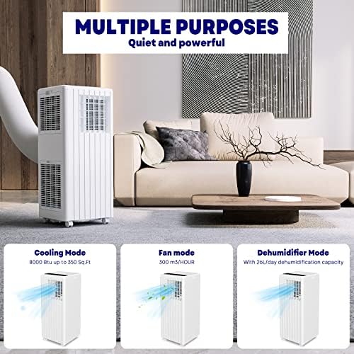 8000BTU Portable Air Conditioners Room Up to 350 Sq.Ft, 3-IN-1 Portable Conditioner with Cool, Fan, Dehumidifier, Sleep Mode & 24H Timer, Indoor Ac Unit w/Remote Control, Portable AC for Indoor Room