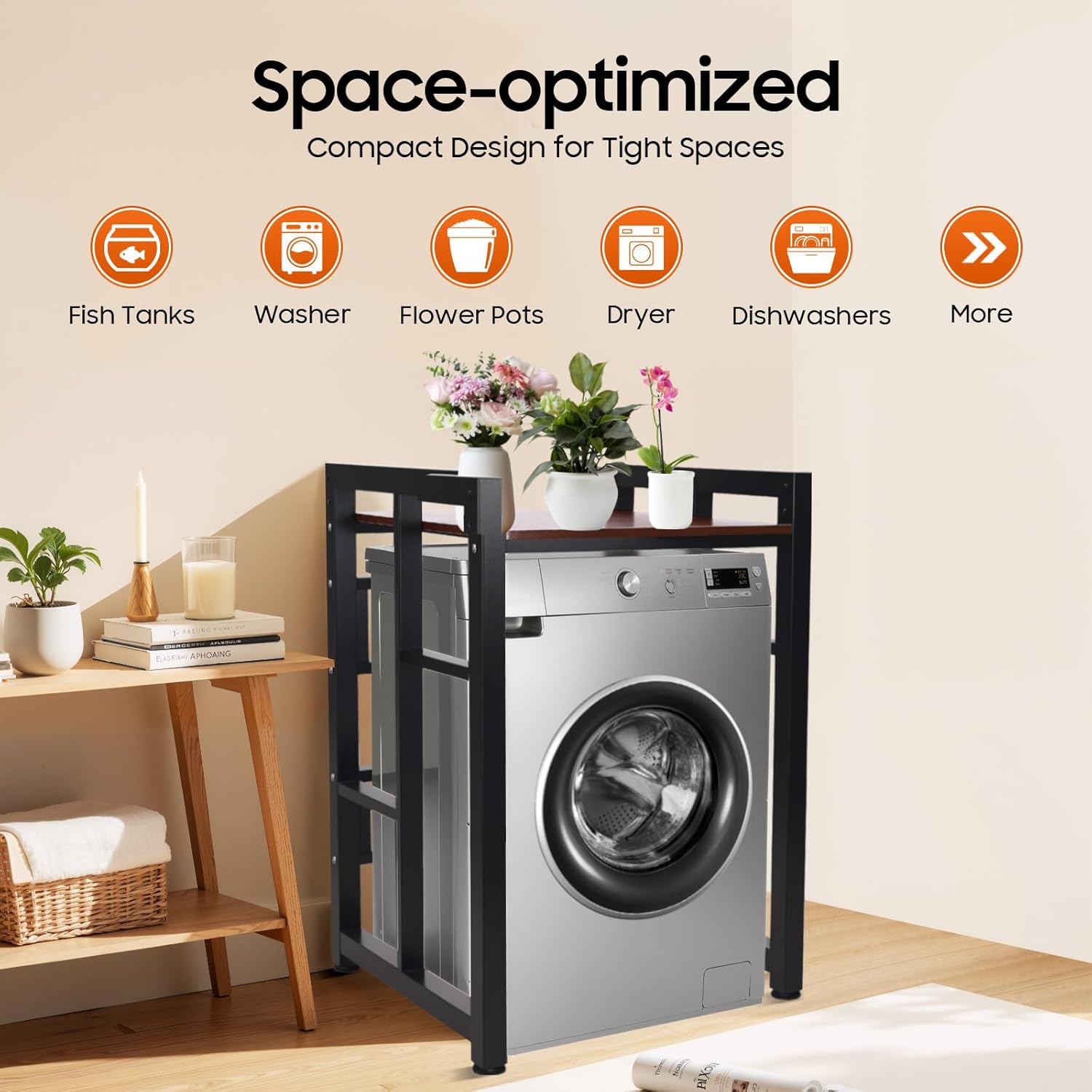 Heavy Duty Washer Dryer Stand & Appliance Storage Rack, 418Lb Capacity Adjustable Height, Steel Solid Wood Laundry Shelf for Home Utility Room, Black/Teak