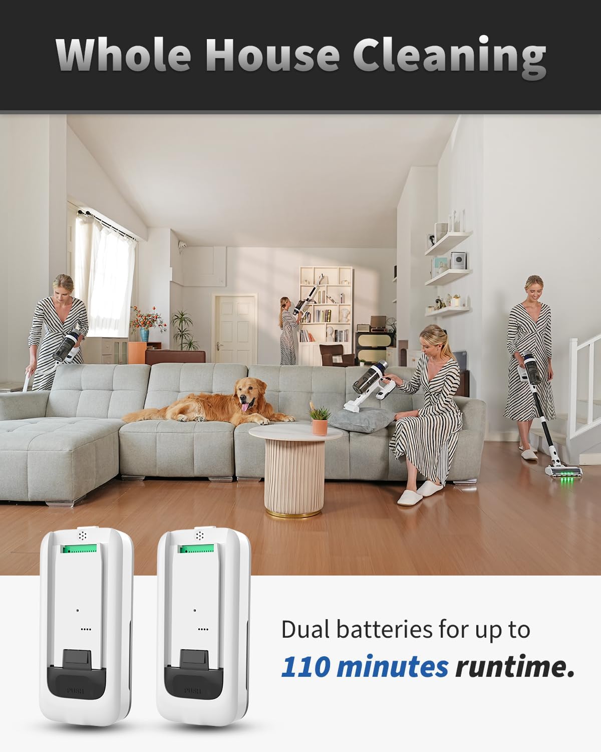 Cordless Vacuum Cleaner, 2 Batteries 110 Mins Runtime Vacuum Cleaners for Home, 550W 45KPA 15-in-1 Stick Vacuum with Charging Dock, Handheld Vacuum Cordless for Pet Hair Carpet Hardwood Floor