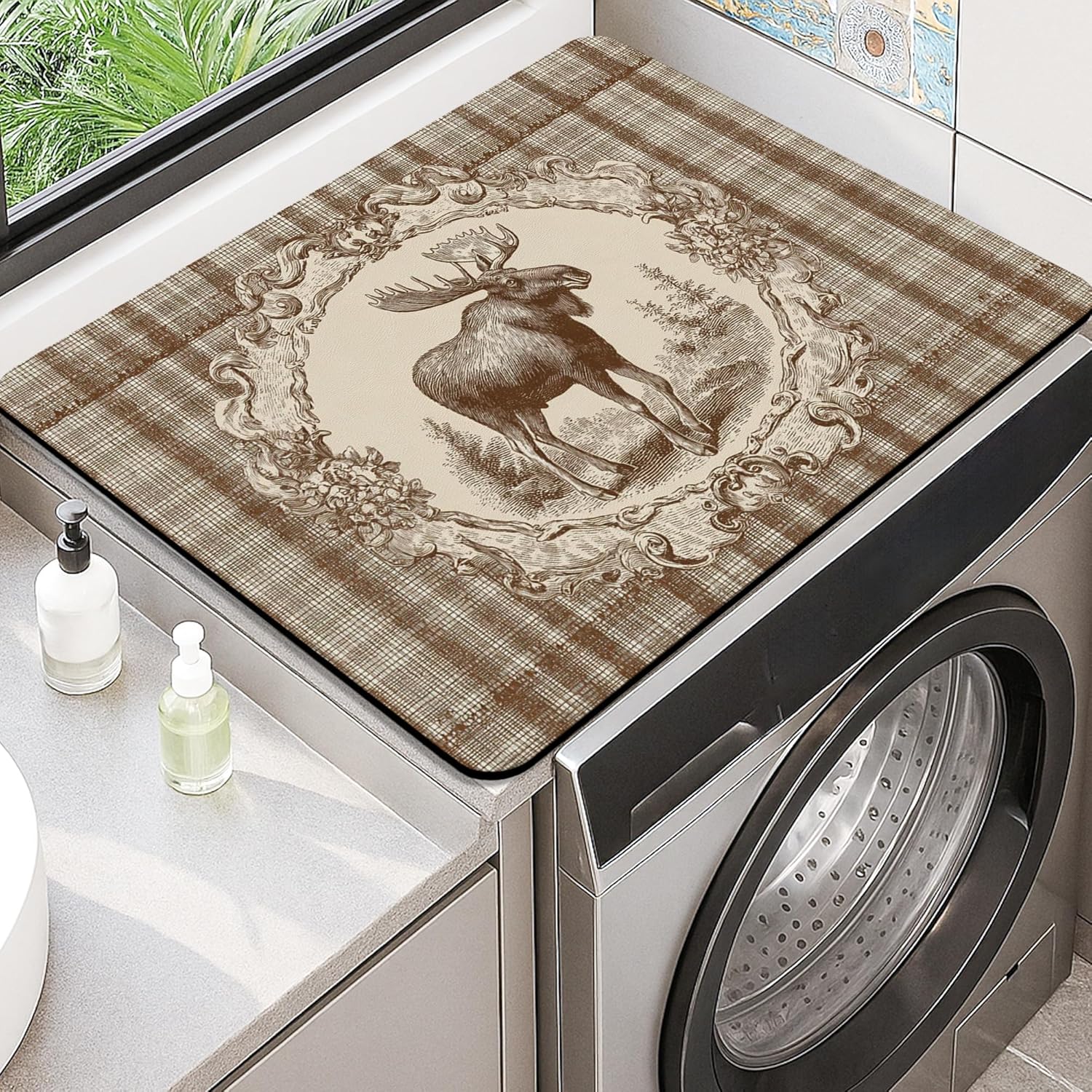 Moose Washer Dryer Top Protector Mat, Rustic Vintage Moose Illustration Laundry Machine Dust Cover, Autumn Animal Rubber Anti-slip Waterproof Washer And Dryer Mats for Laundry Room 20x24 Inch