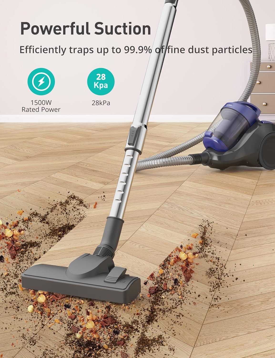 Aspiron Canister Vacuum Cleaner, 1500W/28KPA Bagless Vacuum Cleaner, Anti-Allergen HEPA Filter, 2.5QT Dust Cup, 2-in-1 Crevice Tool, Low Noise, Corded Vacuum for Hard Floors,Crack,Tiles