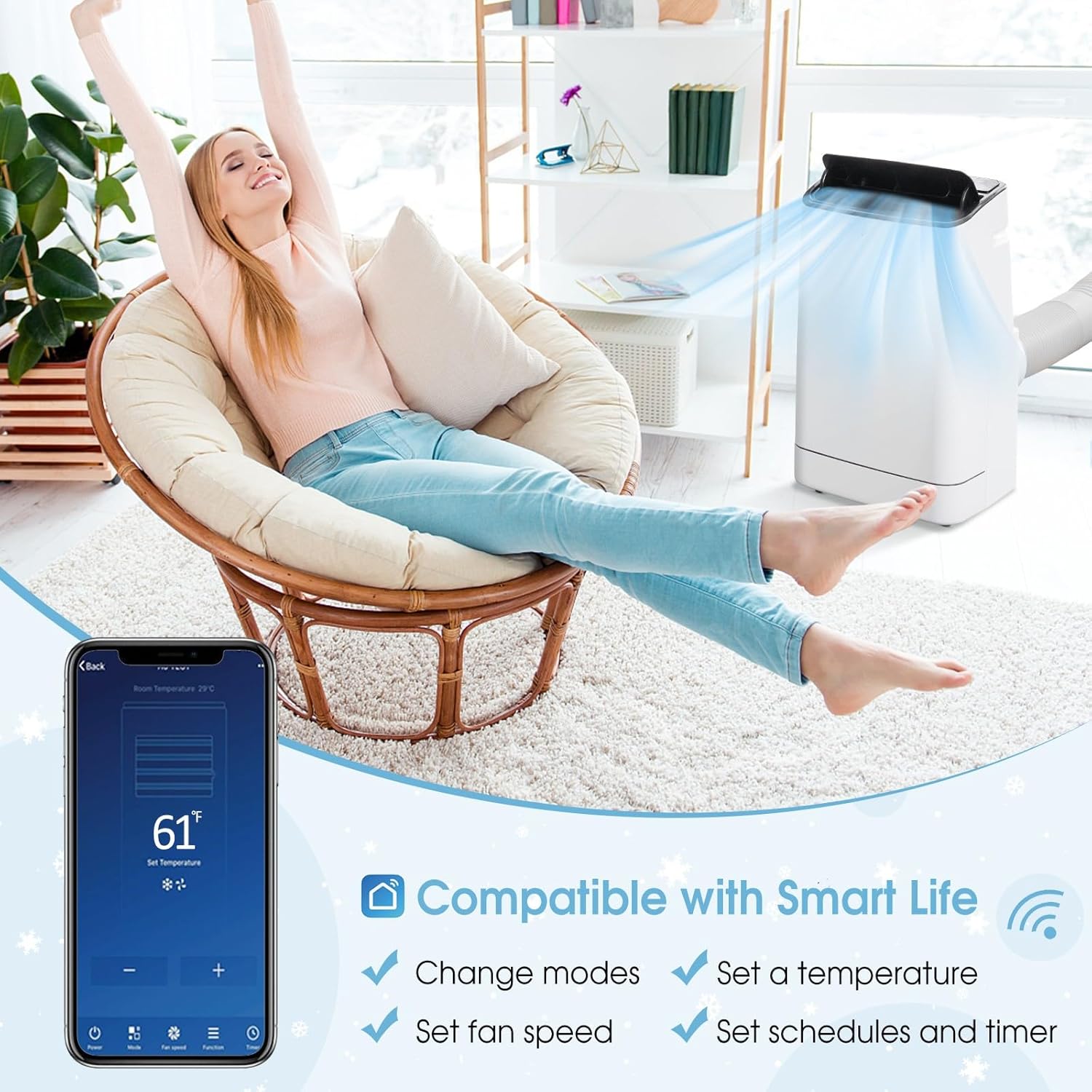 KOTEK Portable Air Conditioners with Heat, up to 800 Sq.Ft, 15000 BTU 4-in-1 AC Unit for Bedroom with Auto Swing, APP Remote Control & Window Kit, Room Air Conditioner Portable for Home Office