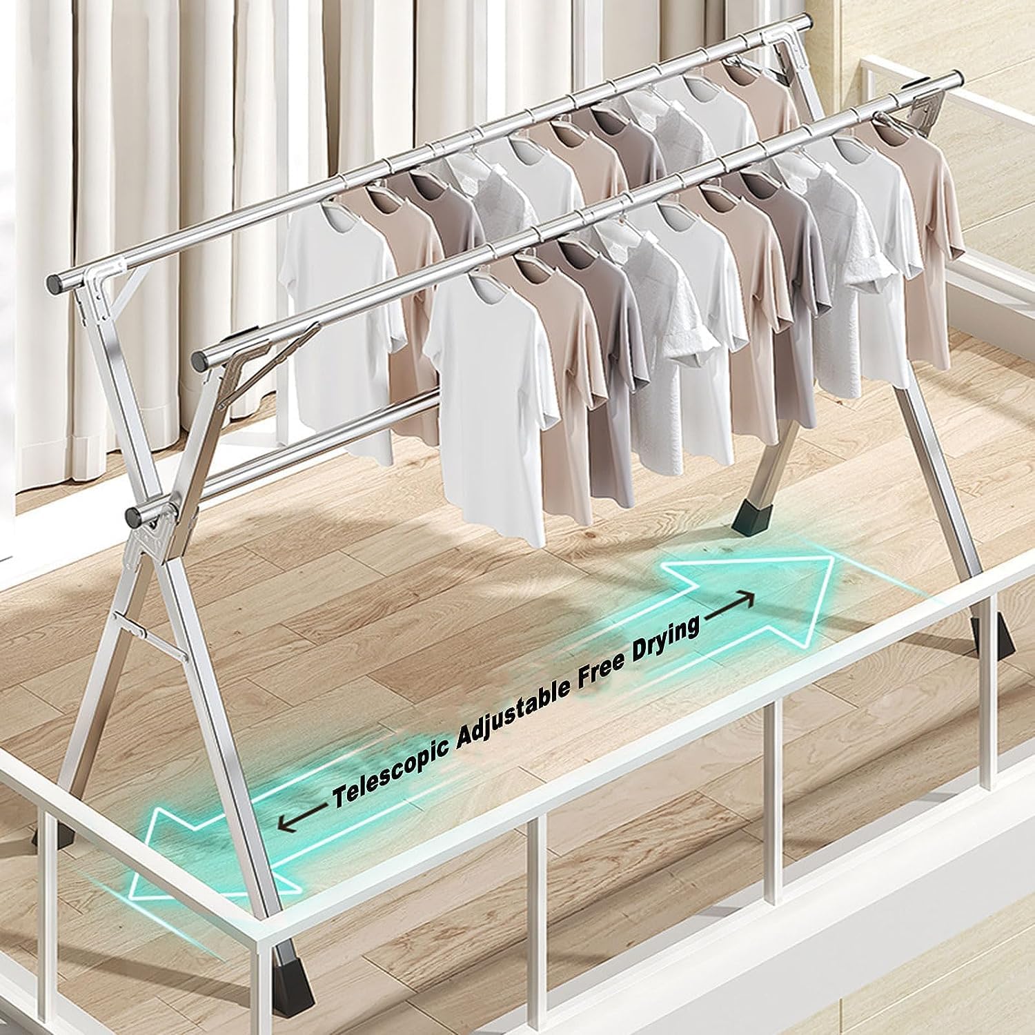 Laundry Rack Clothes Airer Folding Adjustable Laundry Rack Stainless Steel Garment Rack with 4 Universal Wheel Clothing Drying Rack Clothes Dryer Rack